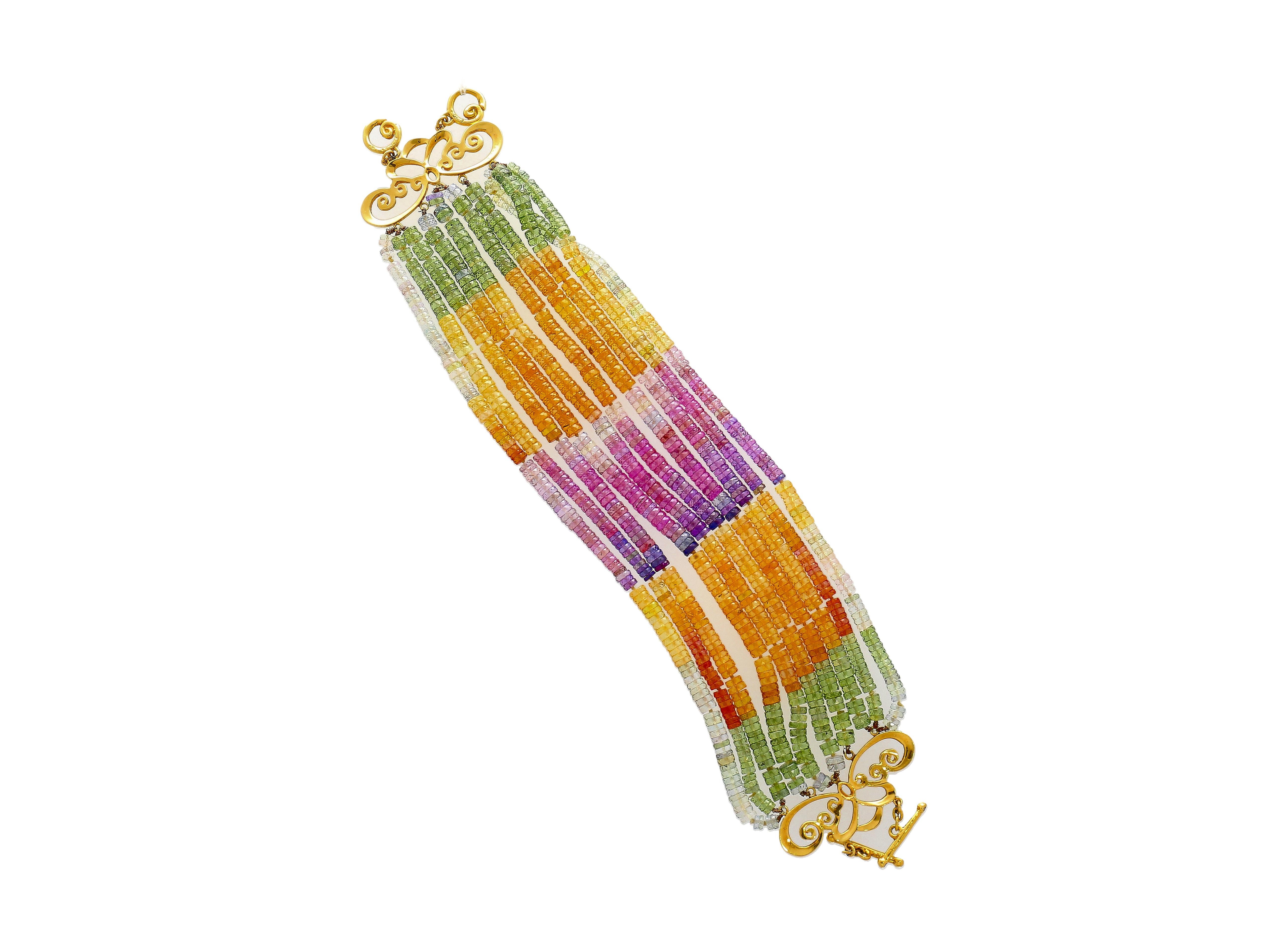 Multi Color Sapphire Bead and Diamond Bracelet in Designed 18K Yellow Gold For Sale 7