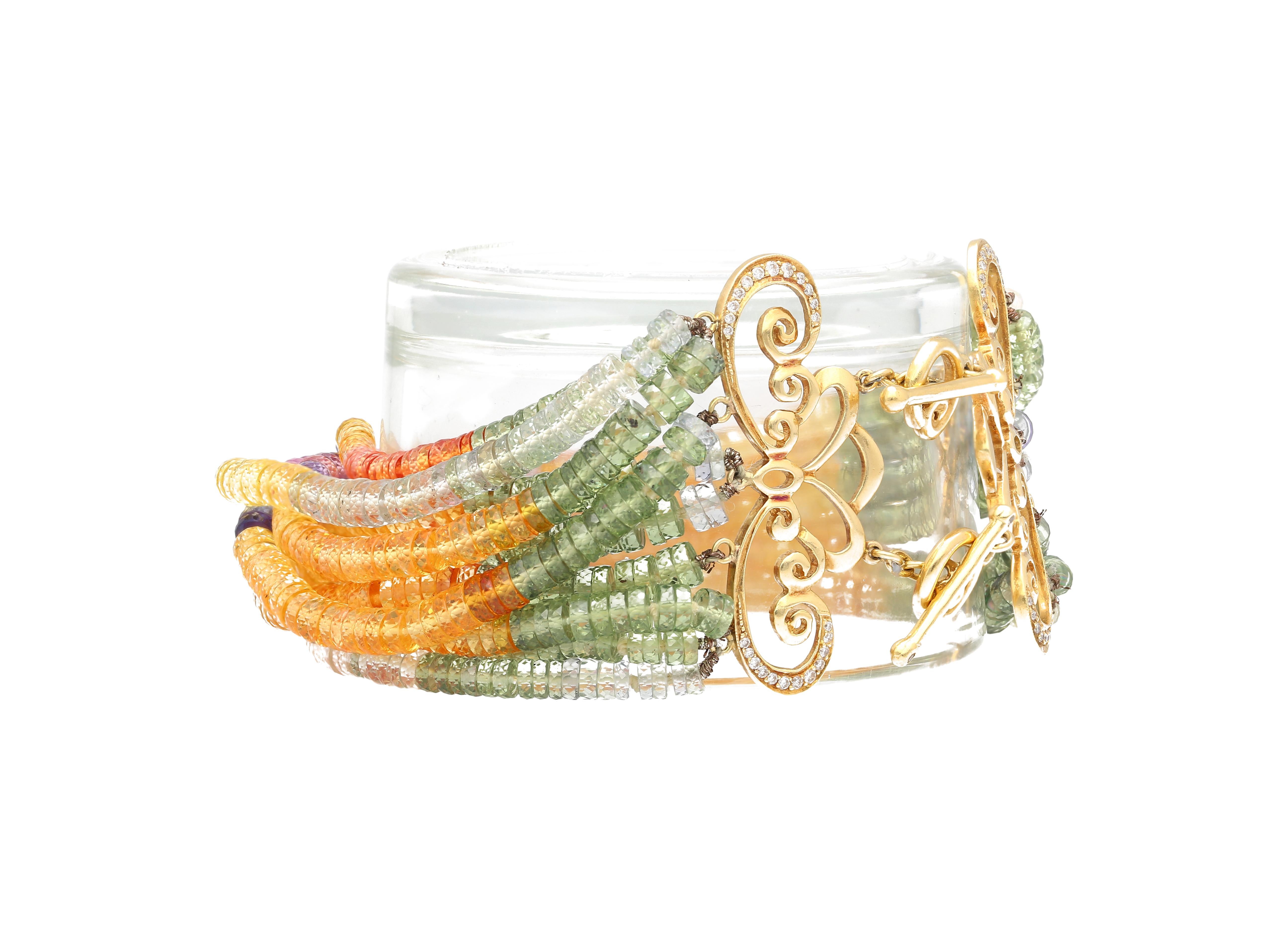 Mehrfarbiges Armband aus 18 Karat Gelbgold mit Saphirperlen und Diamanten in Design im Angebot 2