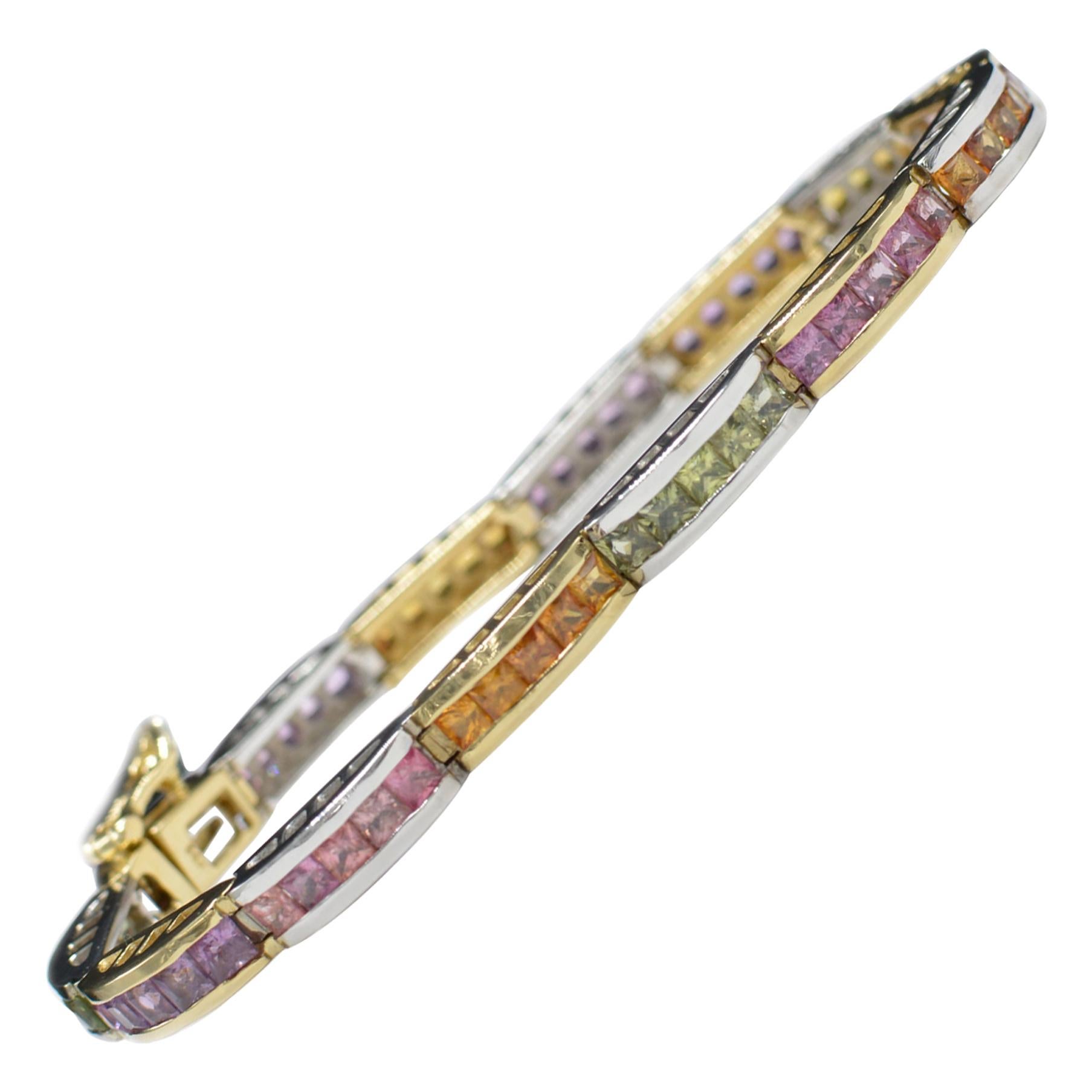 Multi-Color Sapphire Bracelet 14 Karat White and Yellow, Two-Tone Gold For Sale