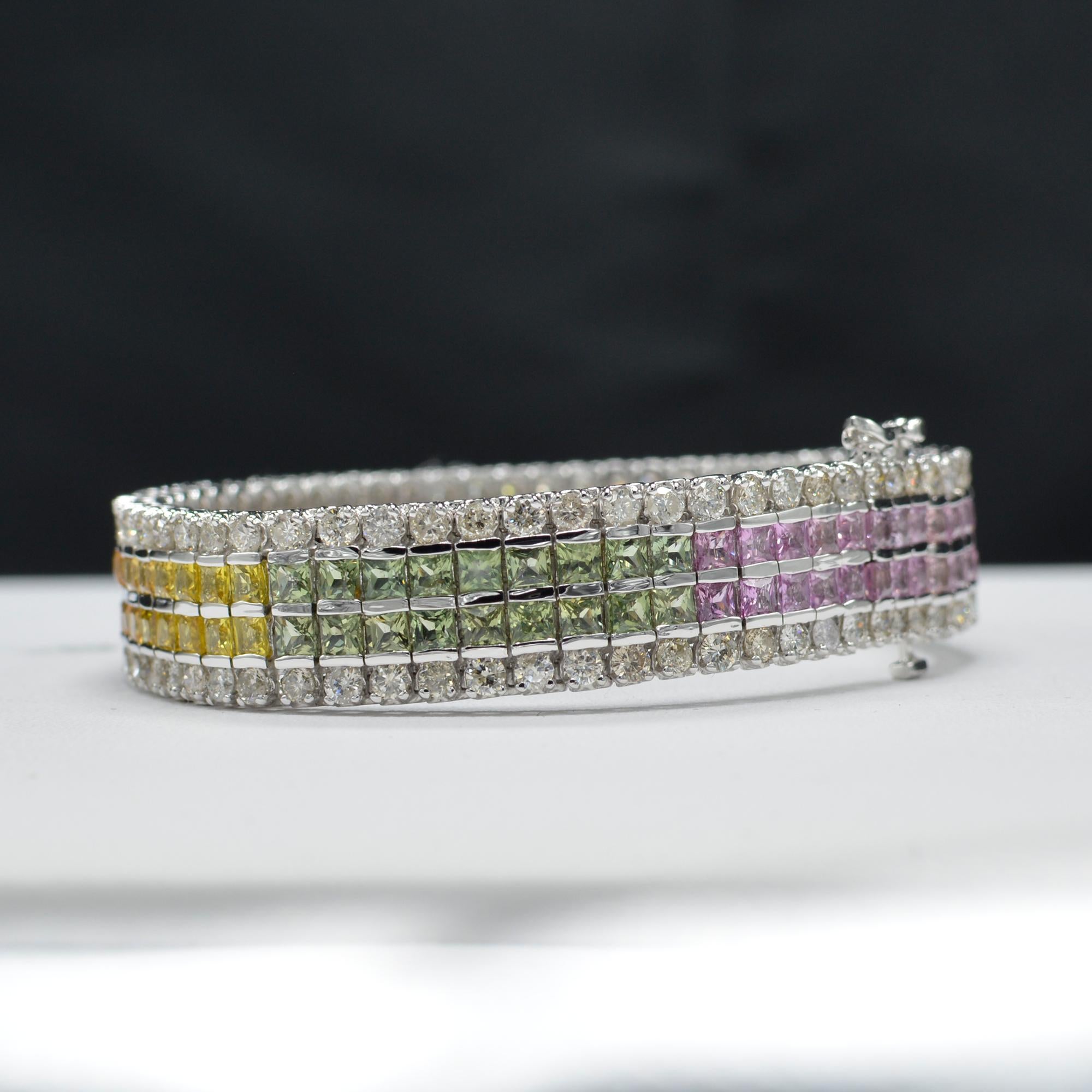 Princess Cut Multi-Color Sapphire Bracelet 14 Karat White Gold with Diamonds For Sale