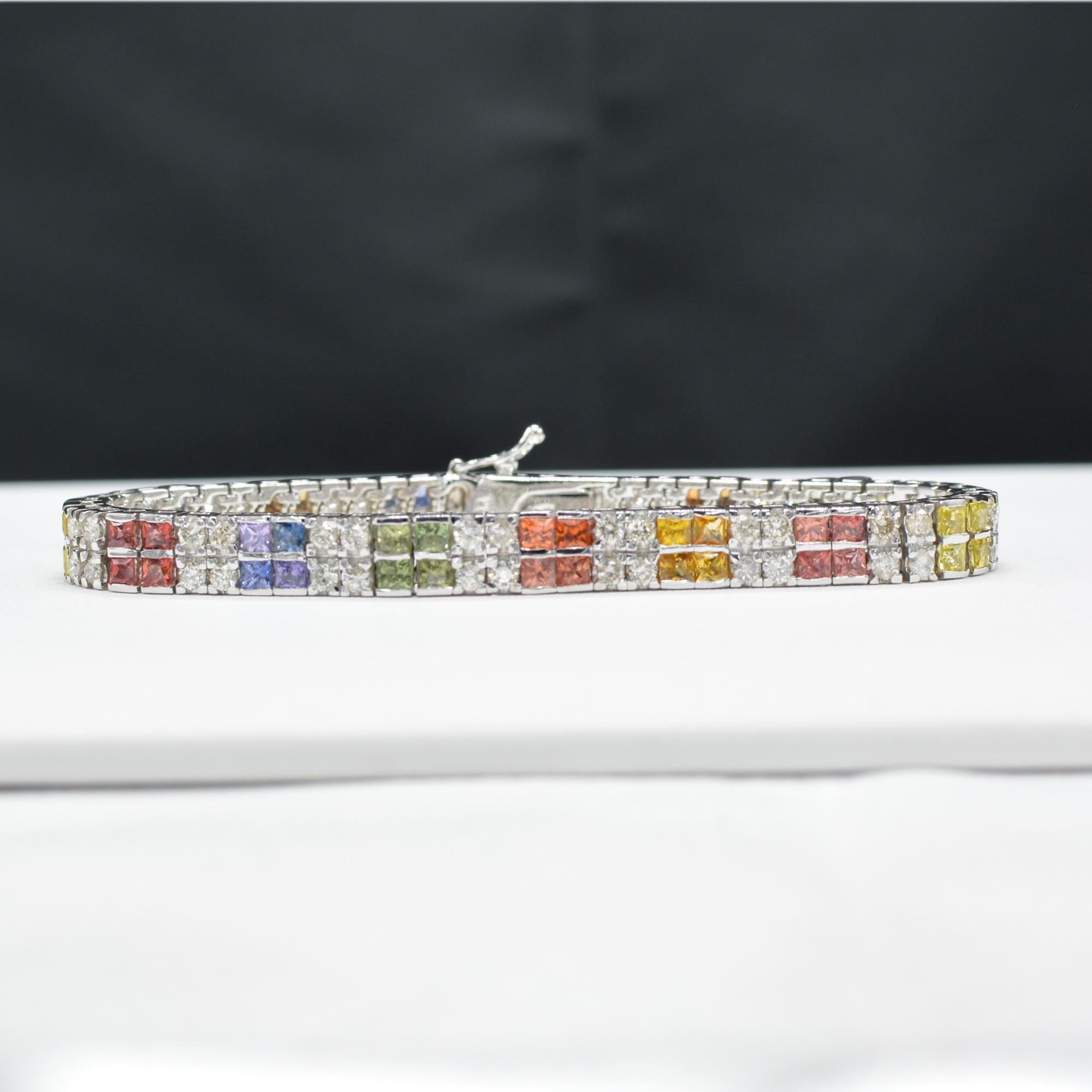 Princess Cut Multi-Color Sapphire Bracelet 14 Karat White Gold with Diamonds For Sale