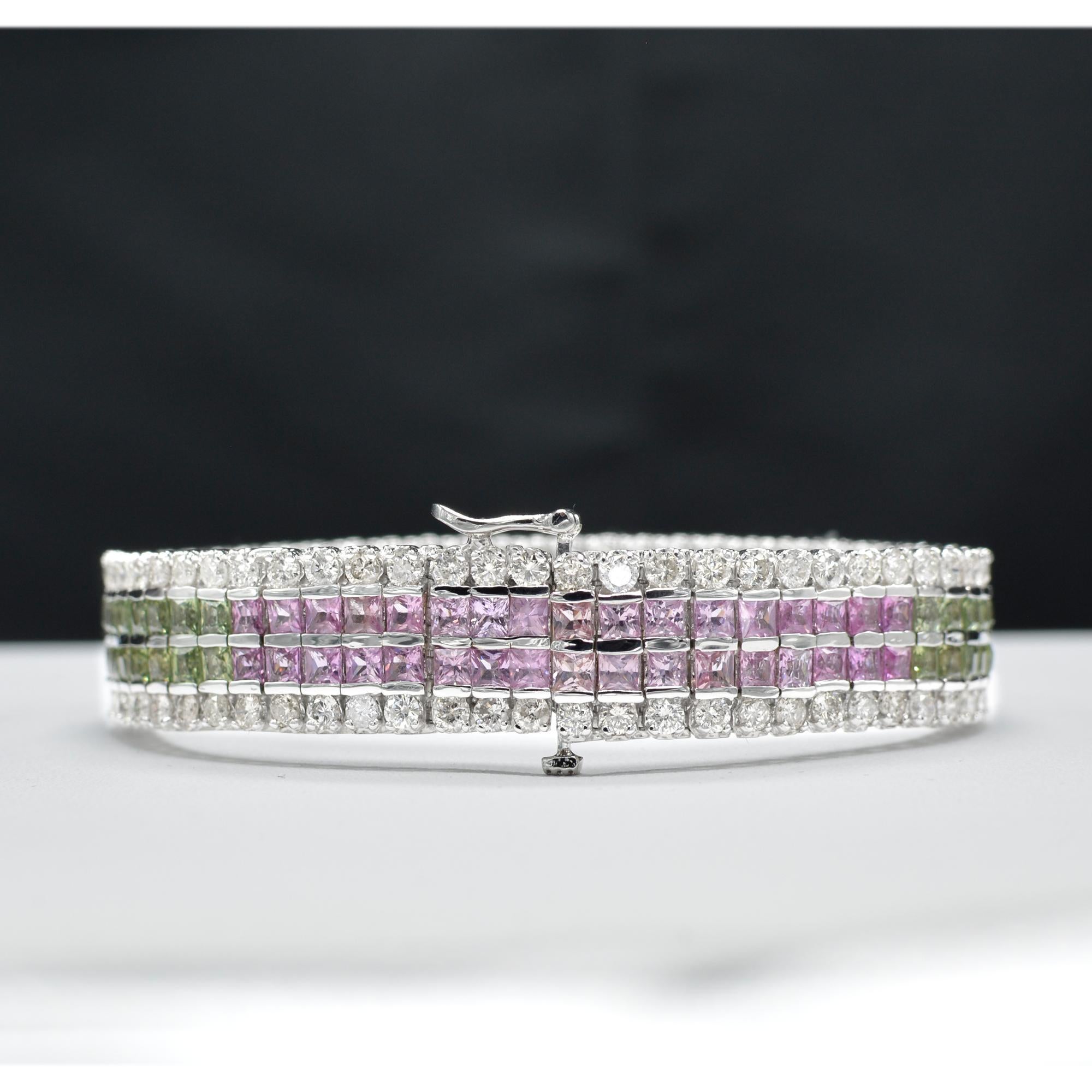 Multi-Color Sapphire Bracelet 14 Karat White Gold with Diamonds In New Condition For Sale In Brooklyn, NY