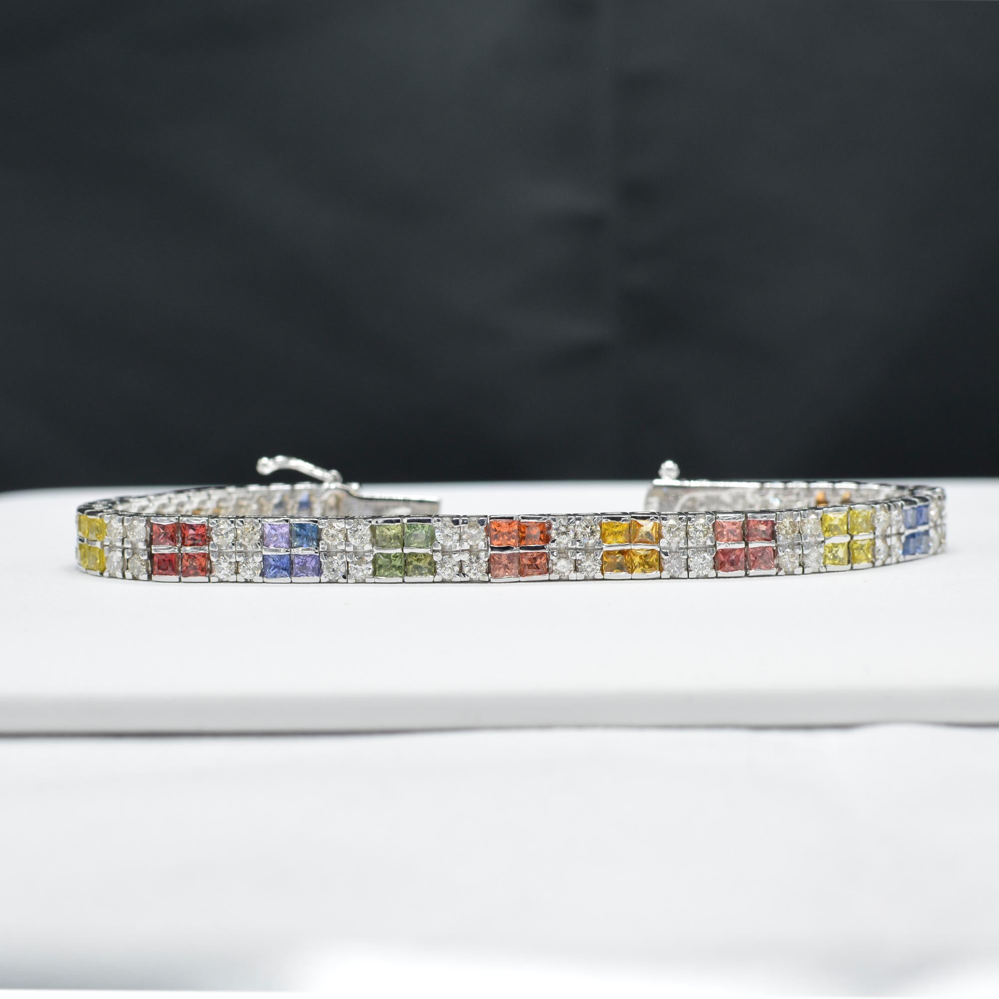 Multi-Color Sapphire Bracelet 14 Karat White Gold with Diamonds In New Condition For Sale In Brooklyn, NY