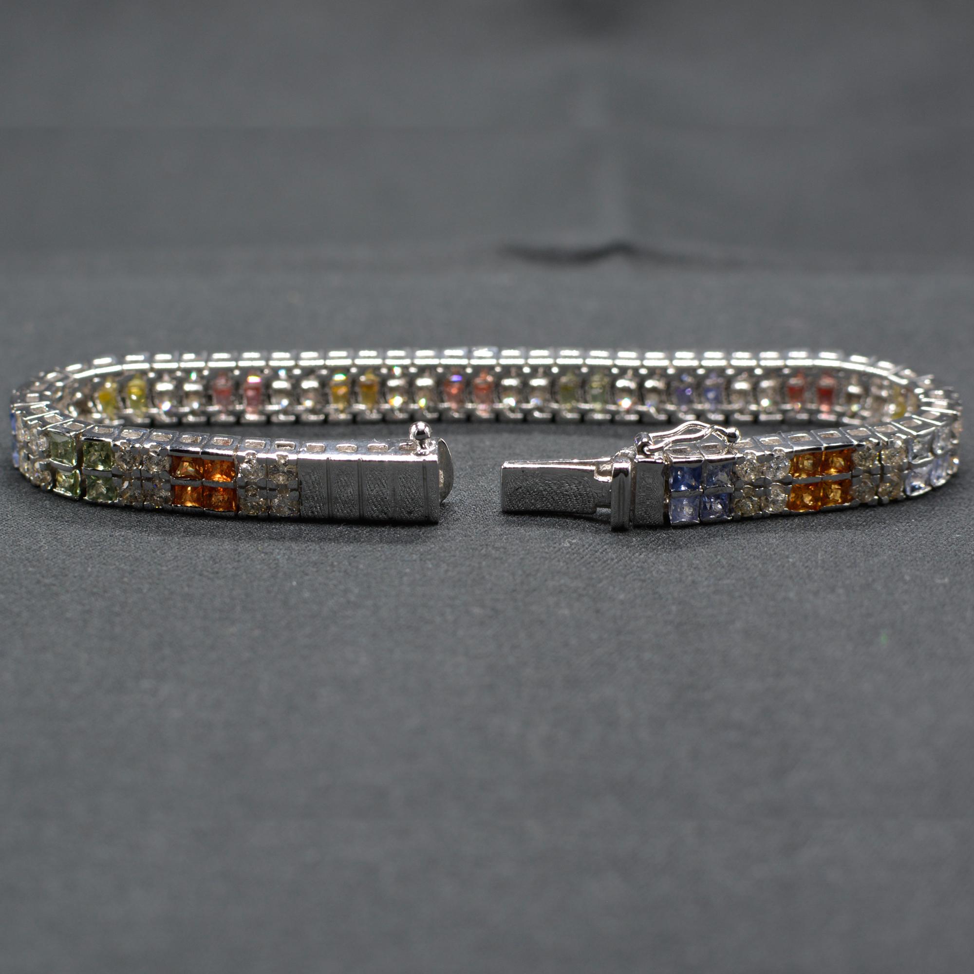 Multi-Color Sapphire Bracelet 14 Karat White Gold with Diamonds For Sale 1