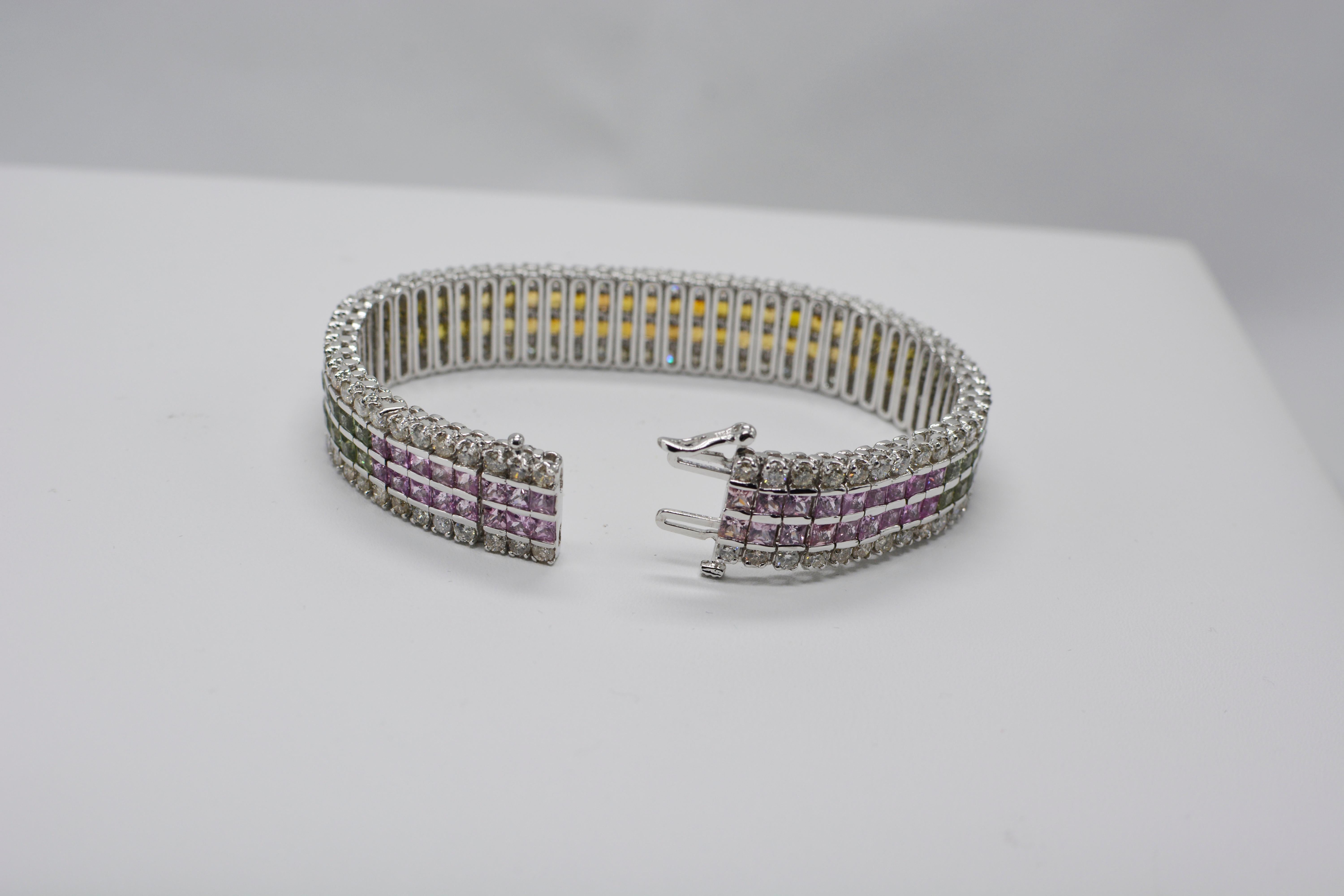 Multi-Color Sapphire Bracelet 14 Karat White Gold with Diamonds For Sale 1