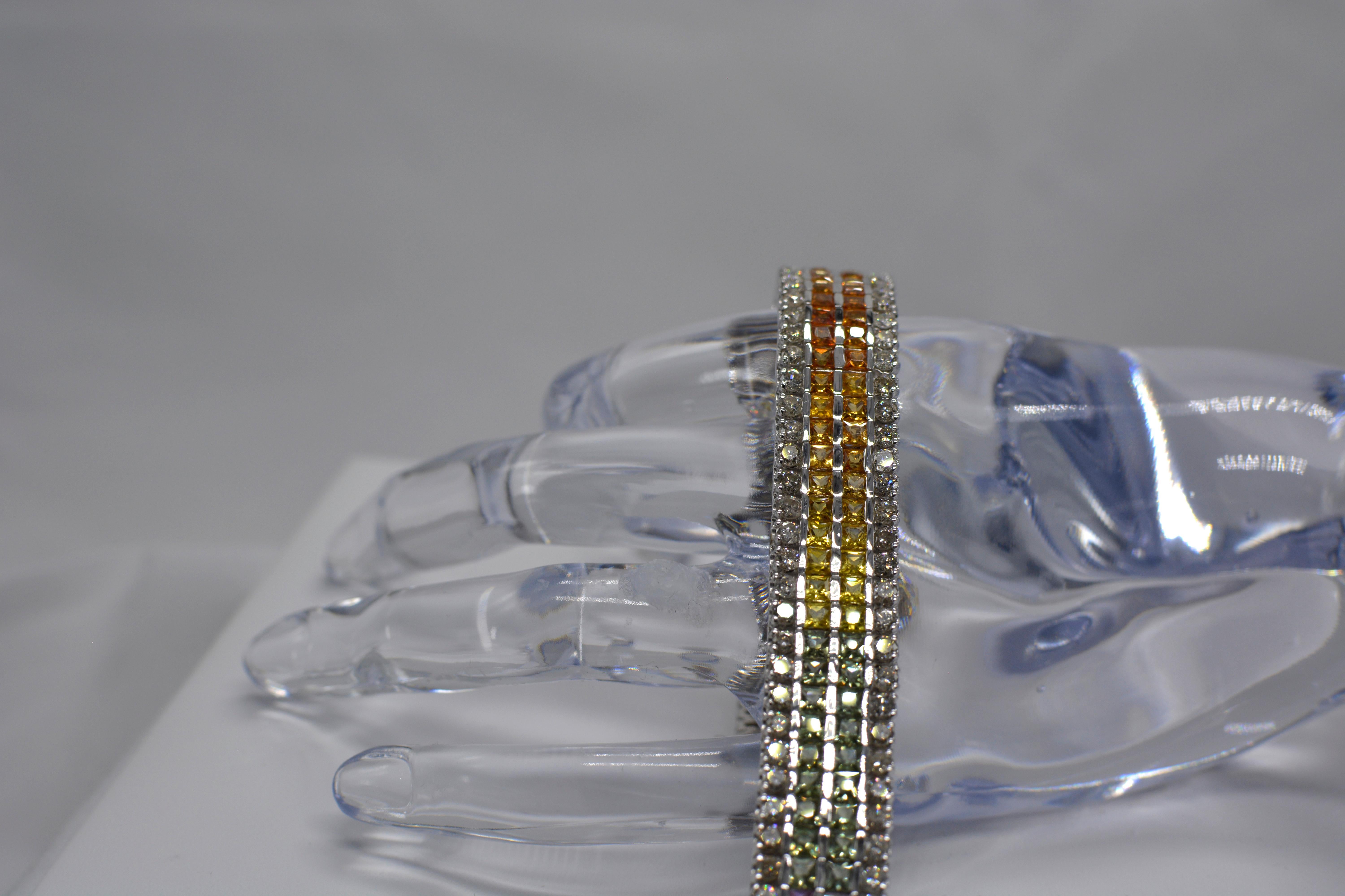 Multi-Color Sapphire Bracelet 14 Karat White Gold with Diamonds For Sale 2
