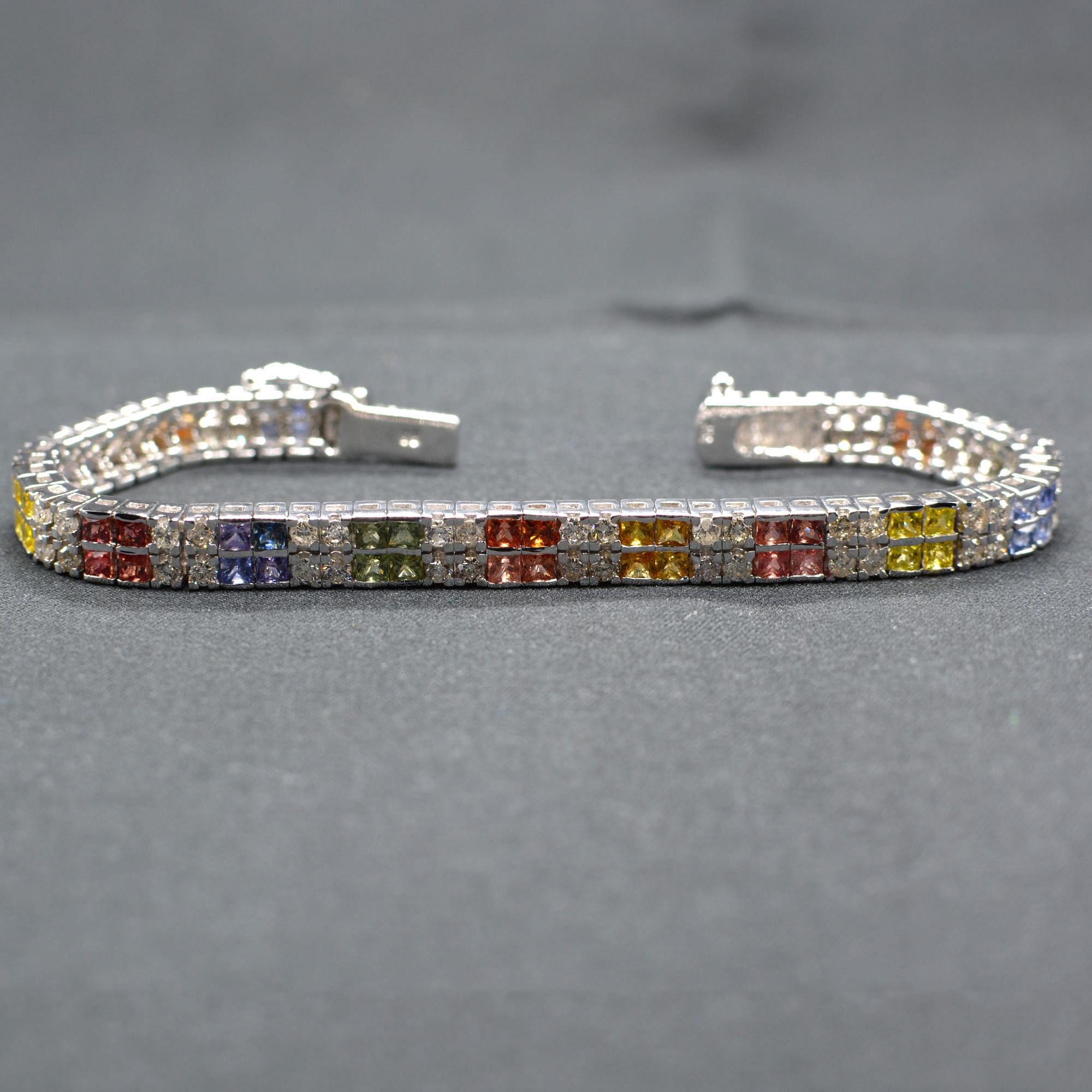 Multi-Color Sapphire Bracelet 14 Karat White Gold with Diamonds For Sale 2