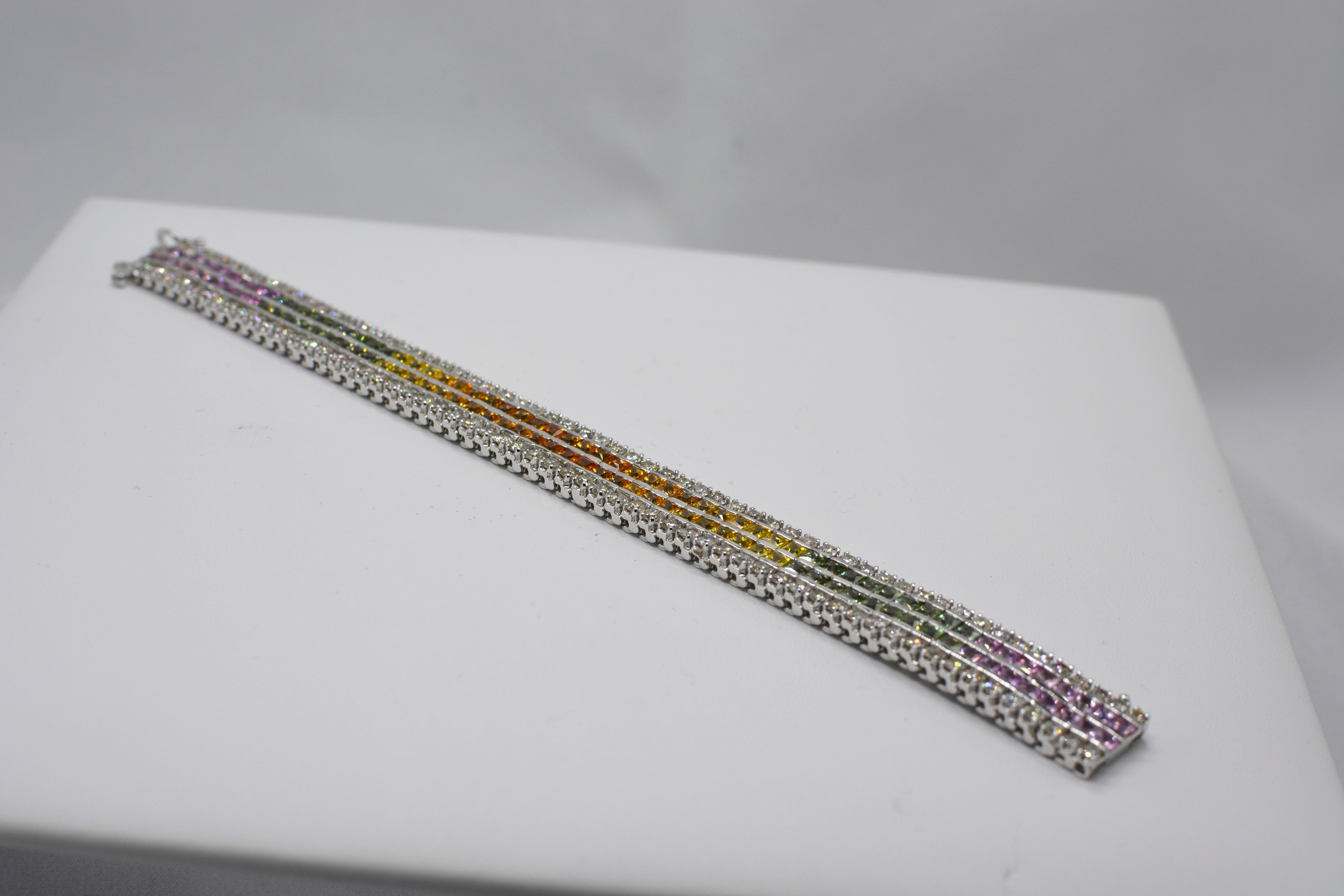 Multi-Color Sapphire Bracelet 14 Karat White Gold with Diamonds For Sale 3