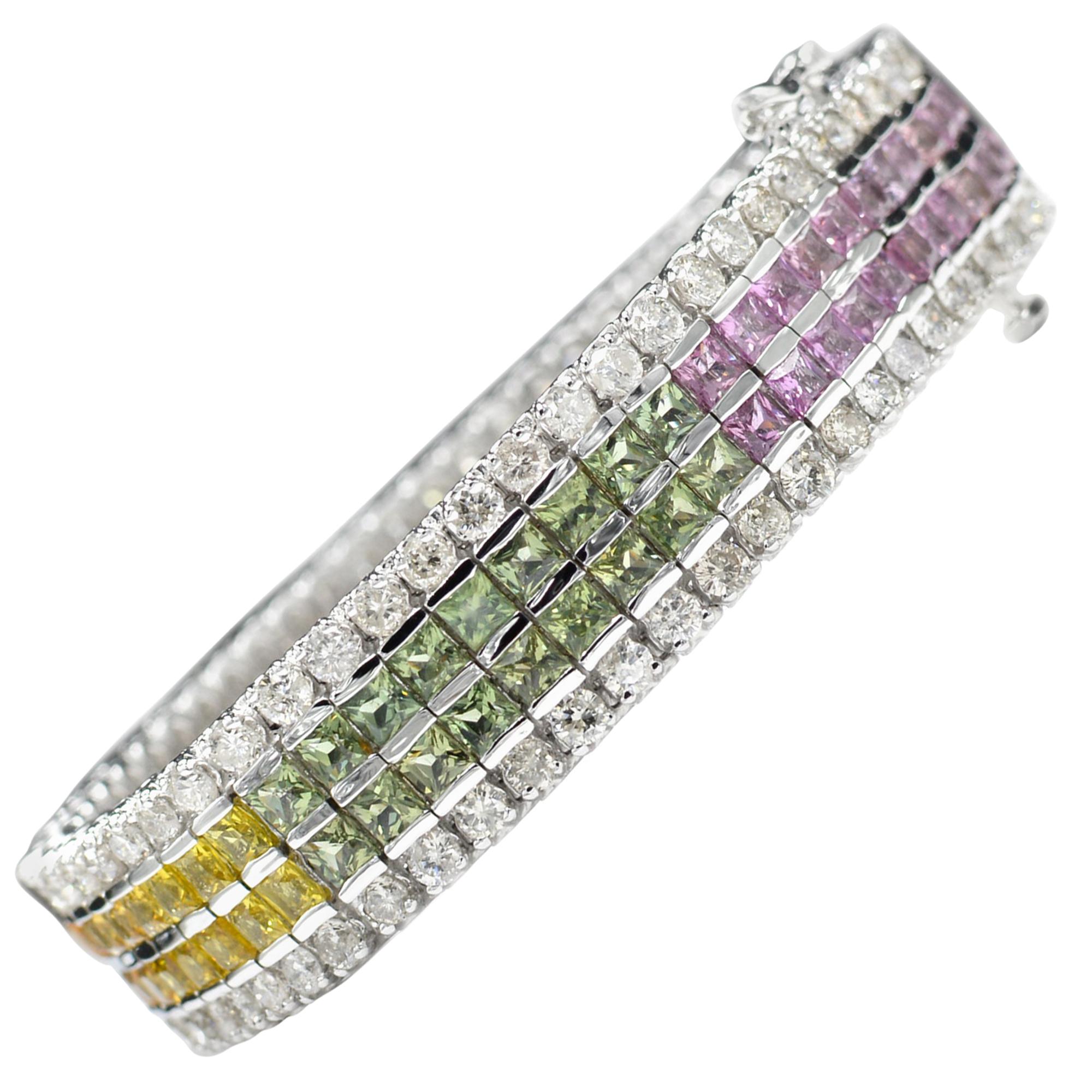 Multi-Color Sapphire Bracelet 14 Karat White Gold with Diamonds For Sale