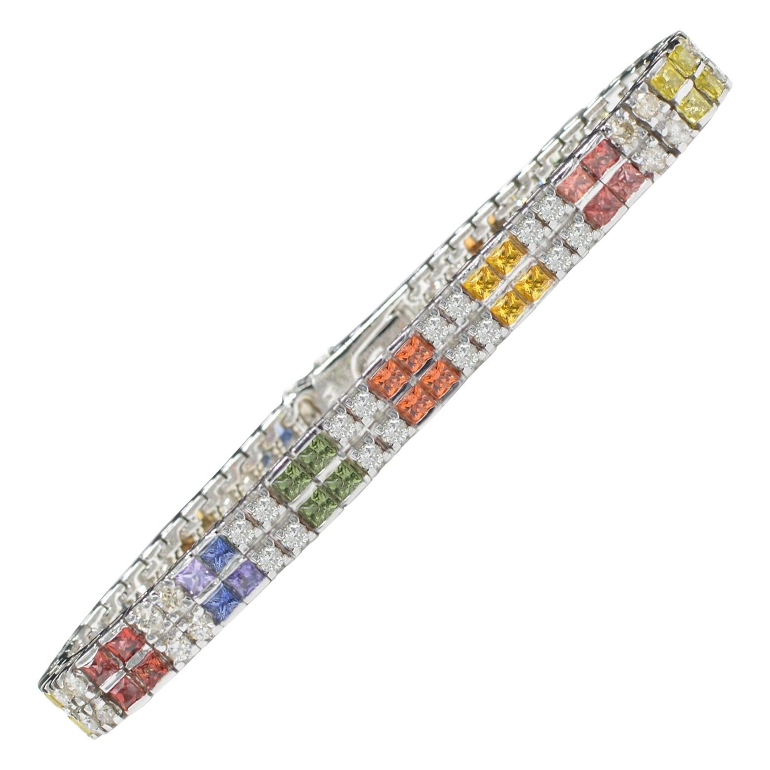 Bracelet en or blanc 14 carats avec saphirs multicolores et diamants