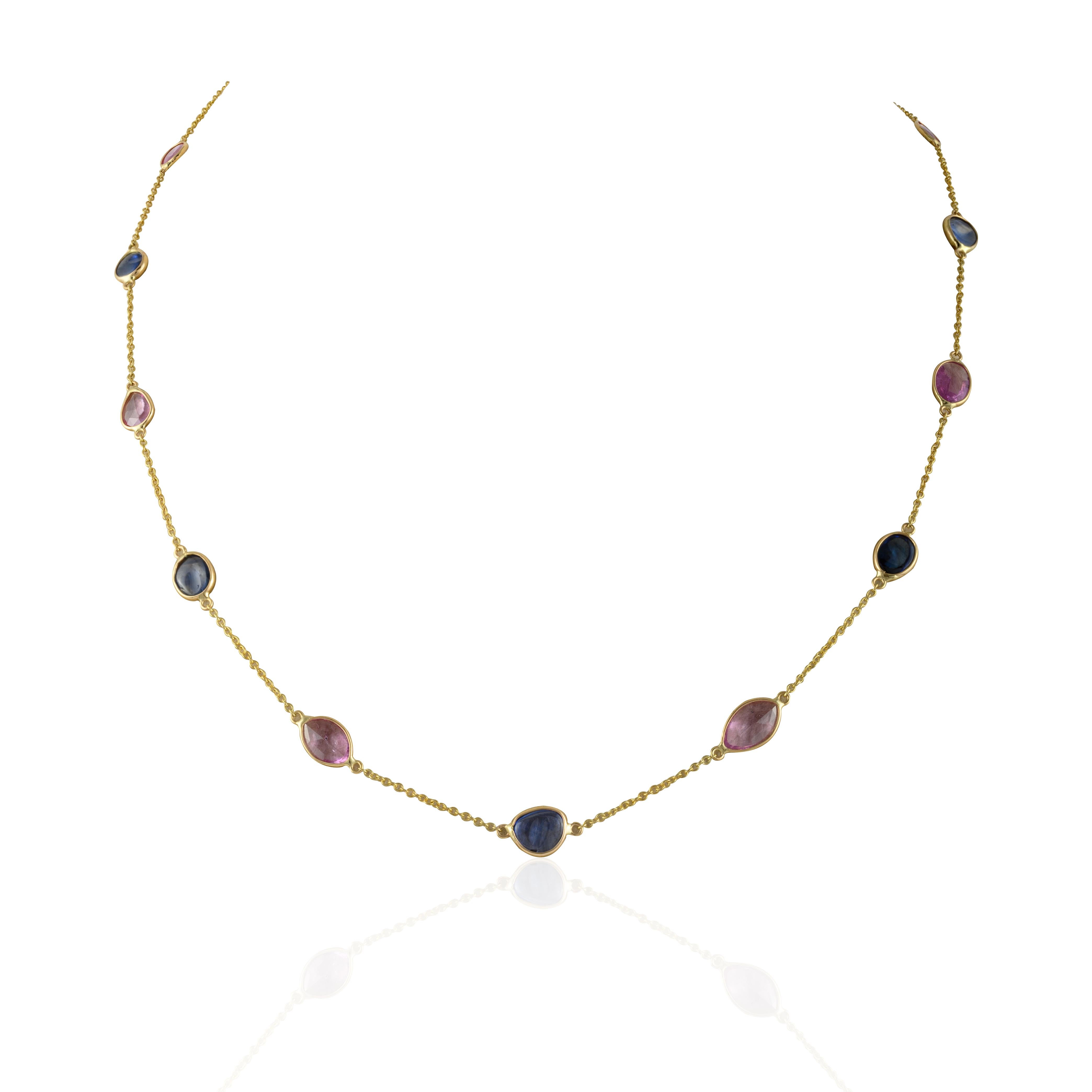 Multi Color Sapphire Chain Necklace 14k Yellow Gold, Grandma Gift Christmas In New Condition For Sale In New York, NY