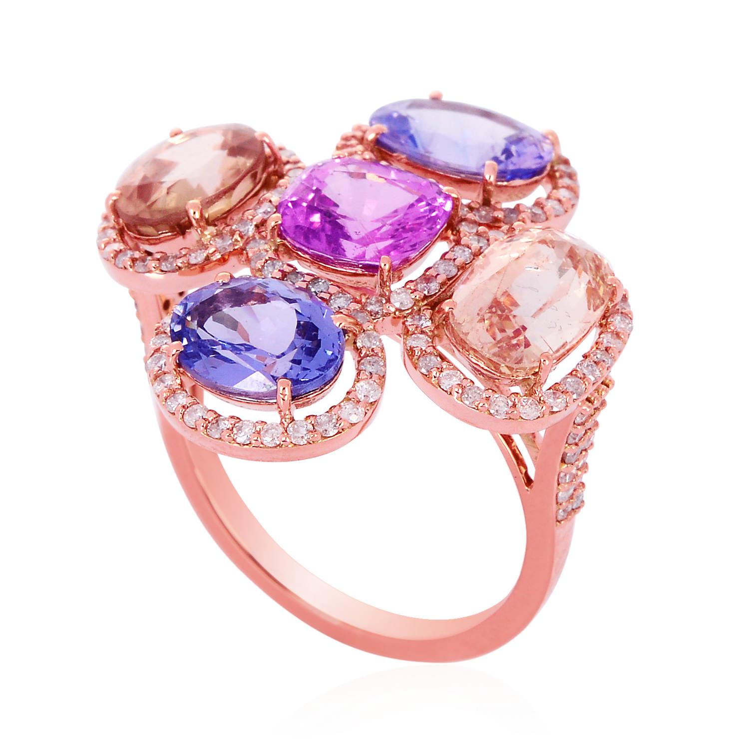 Rose Cut Oval Shaped Multi-Color Sapphire Ring in 18k Rose Gold Surrounded by Diamonds For Sale