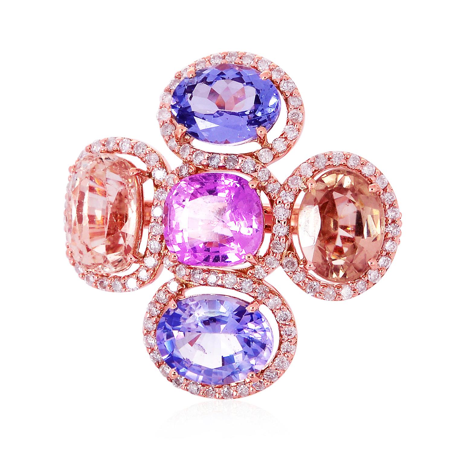 Oval Shaped Multi-Color Sapphire Ring in 18k Rose Gold Surrounded by Diamonds In New Condition For Sale In New York, NY