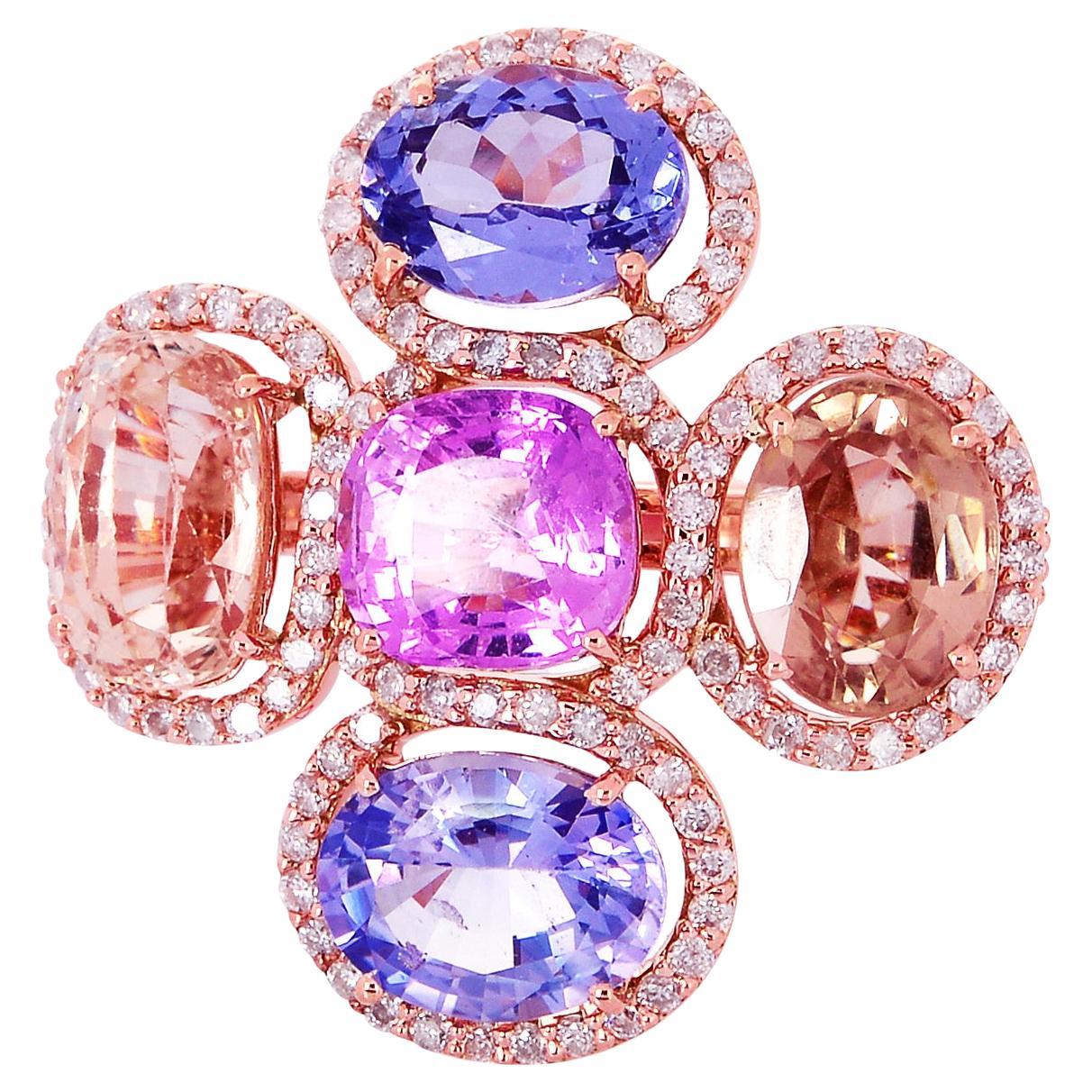 Oval Shaped Multi-Color Sapphire Ring in 18k Rose Gold Surrounded by Diamonds For Sale