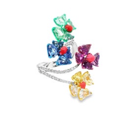 Multi-Color Sapphire Conch-Pearl Diamond 18k White Gold & Rhodium Floral Ring