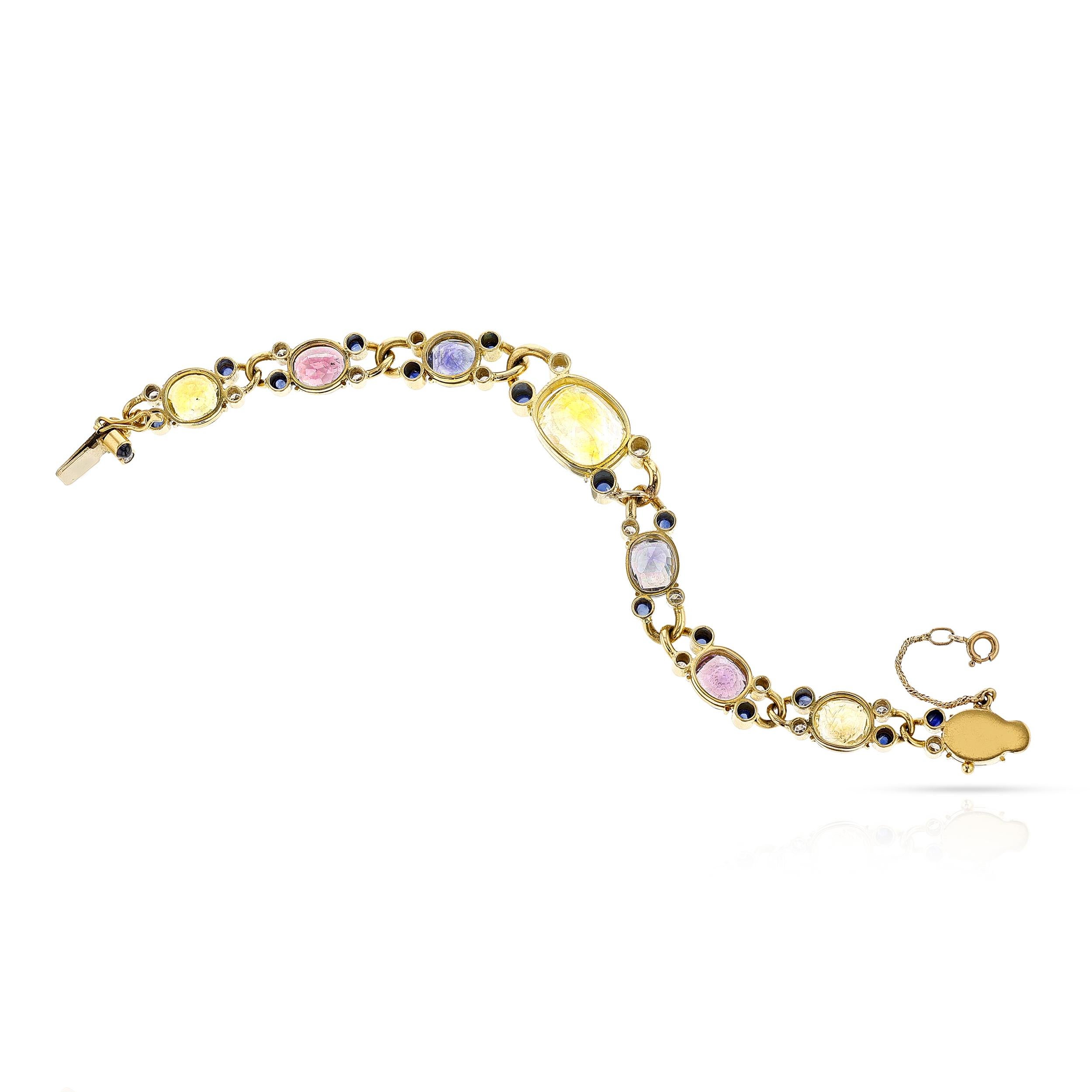 Women's or Men's Multi-Color Sapphire Cut Stones and Cabochon with Diamond Bracelet by Deaken & F For Sale