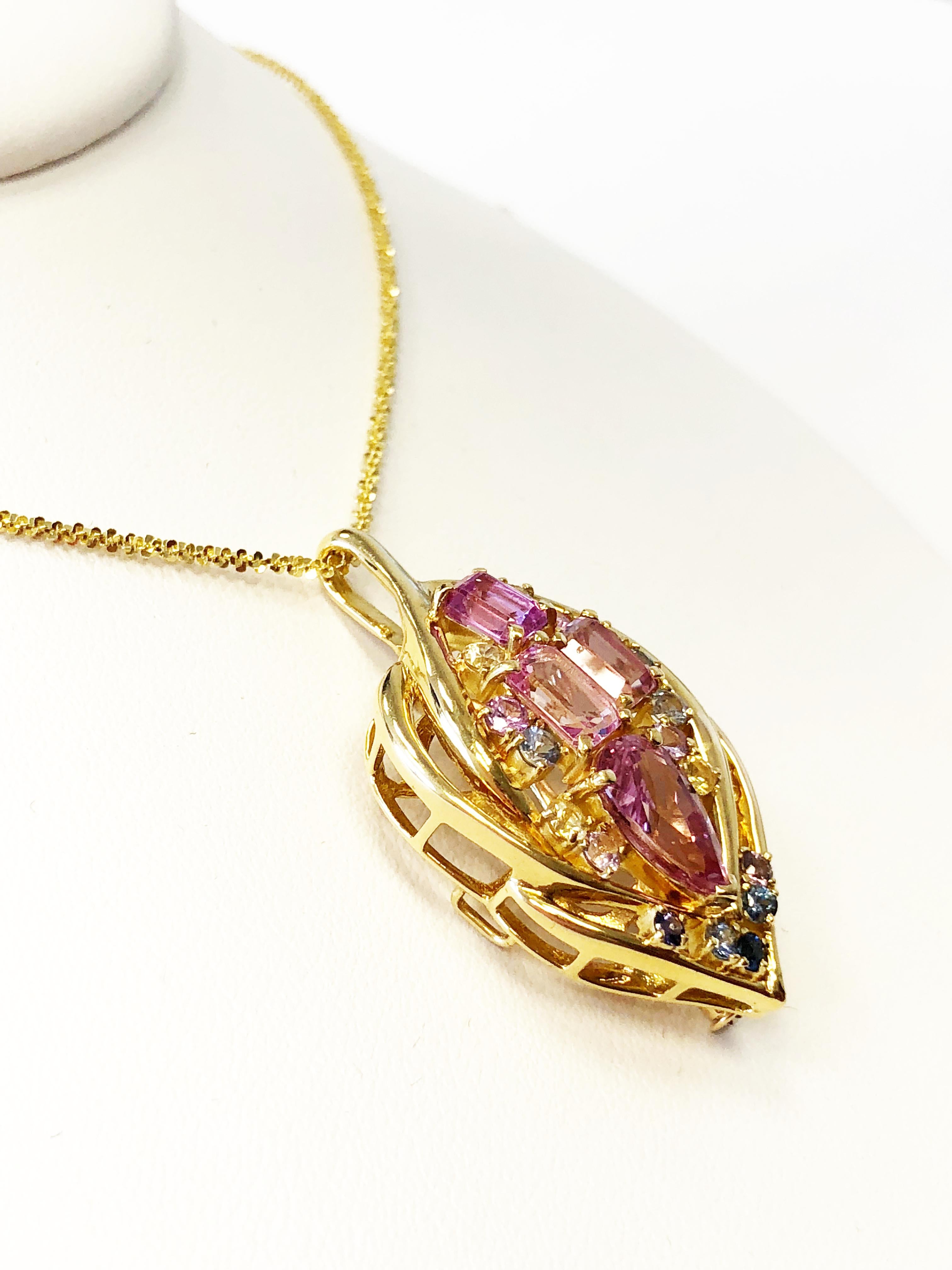 Pear Cut Multi-Color Sapphire Dangle Pendant Necklace in 18 Karat Yellow Gold