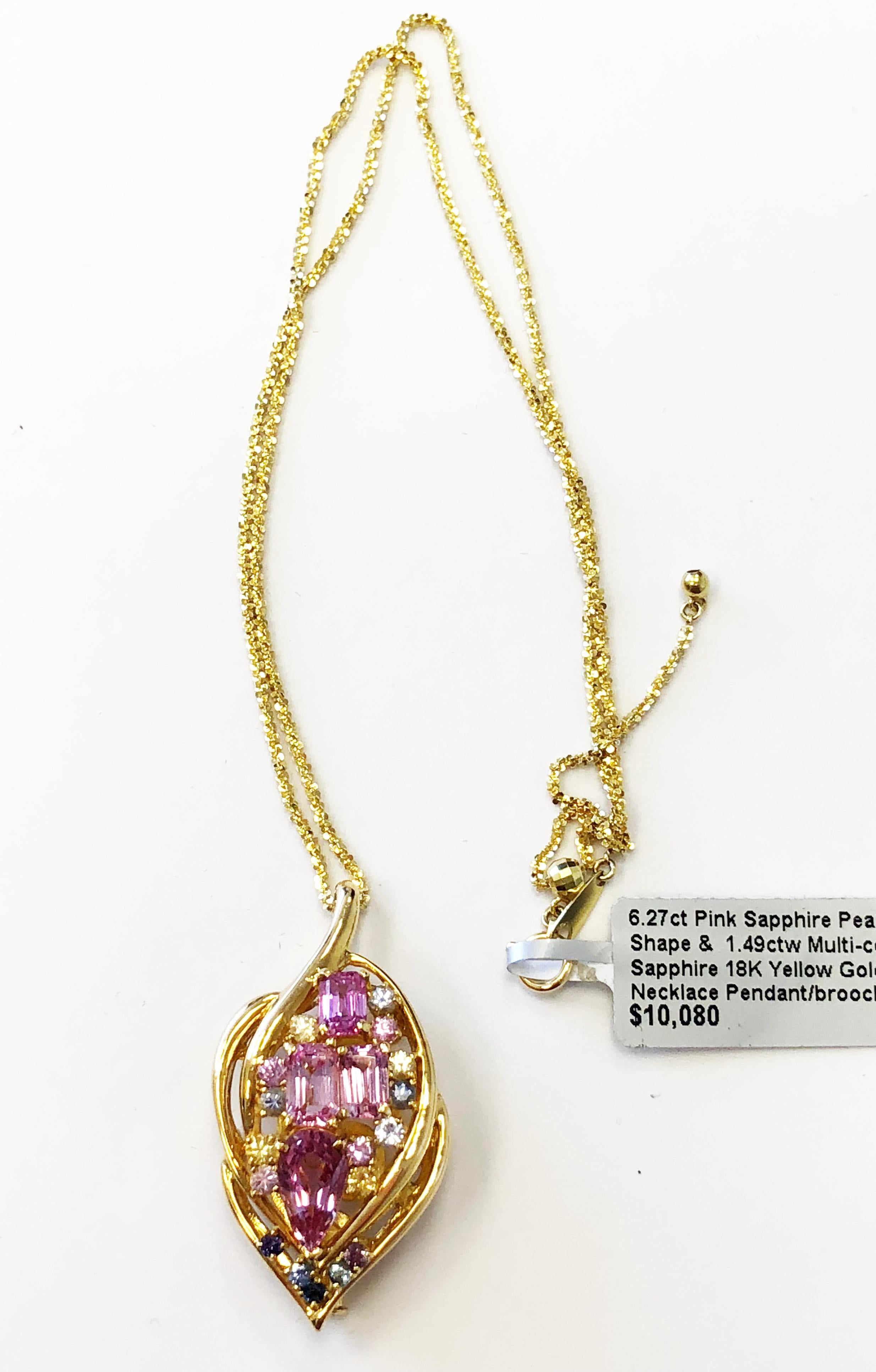 Multi-Color Sapphire Dangle Pendant Necklace in 18 Karat Yellow Gold In New Condition In Los Angeles, CA