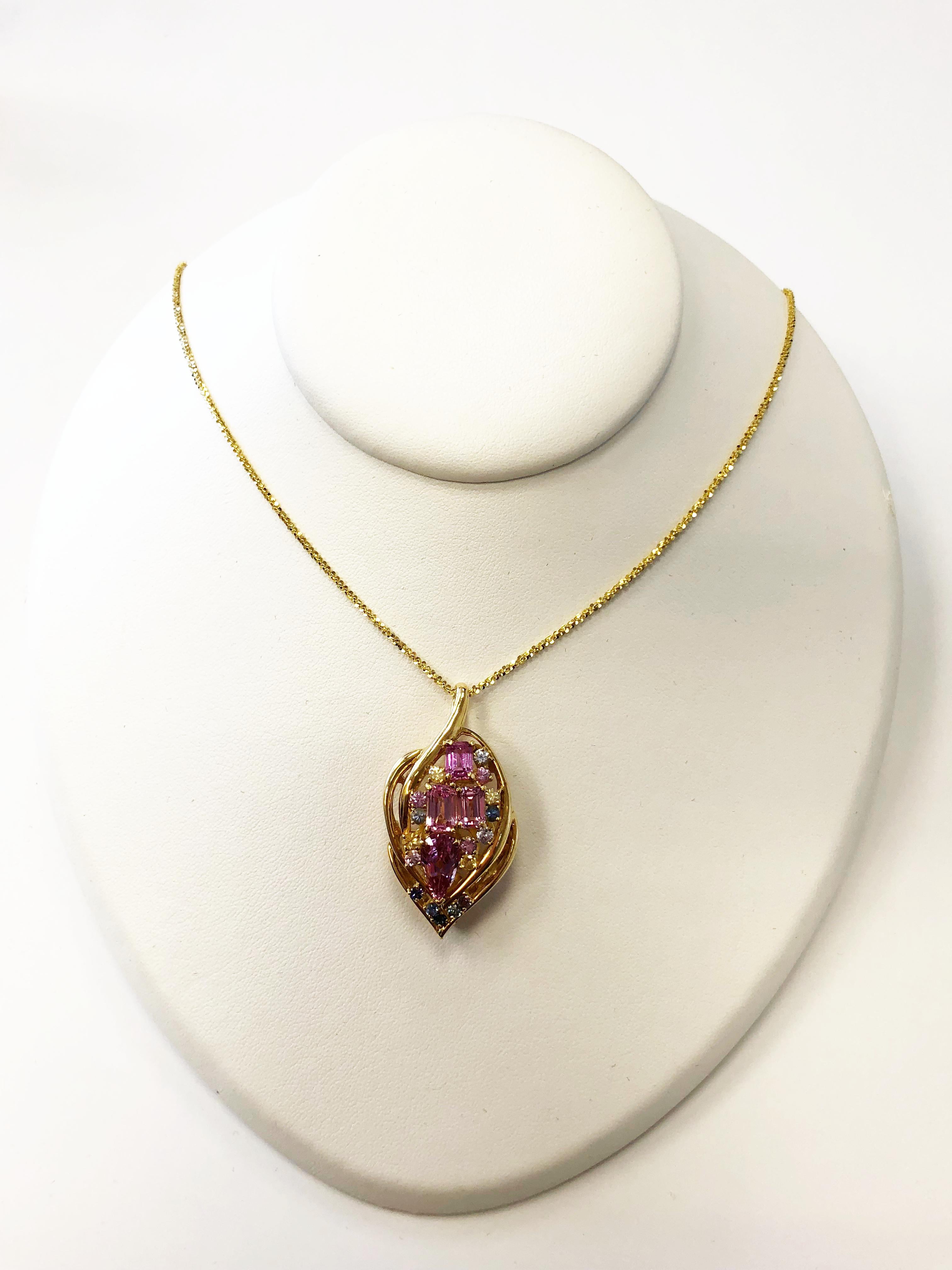 Women's or Men's Multi-Color Sapphire Dangle Pendant Necklace in 18 Karat Yellow Gold