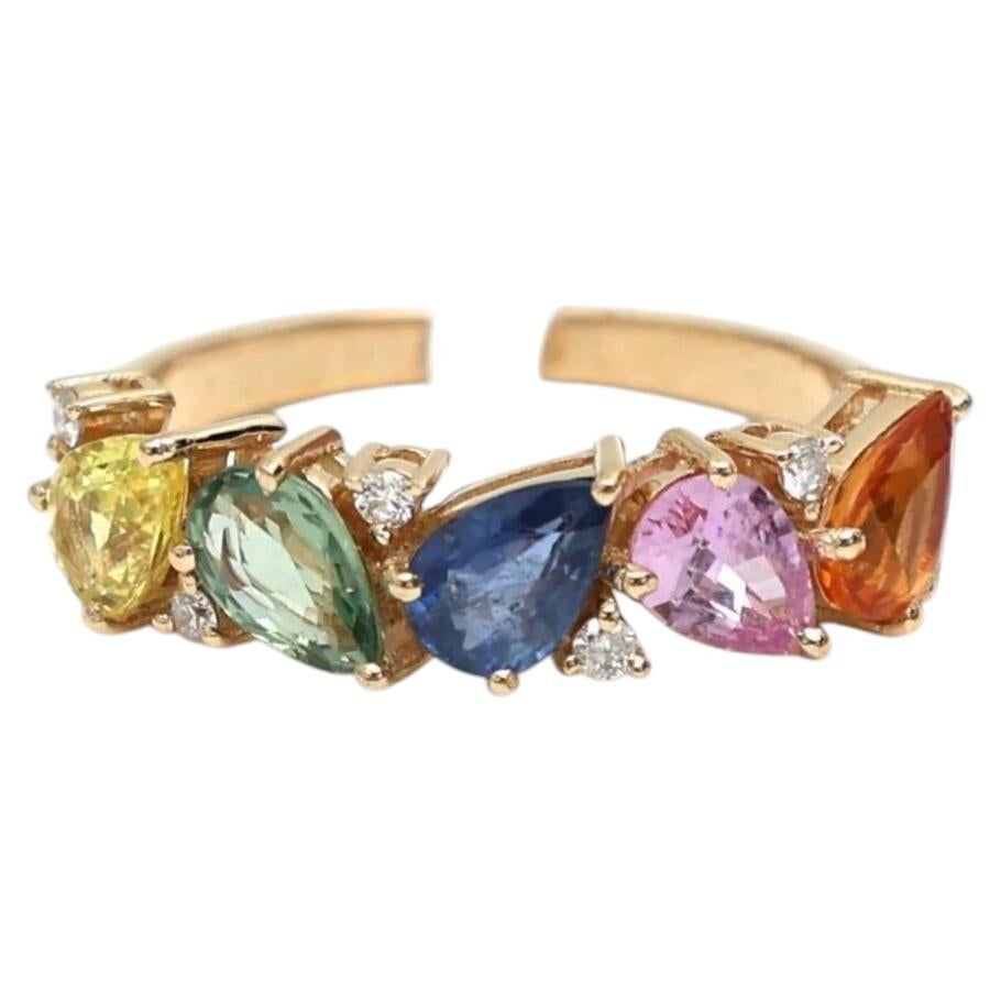 Anillo de banda con zafiros multicolores y diamantes de 2,30 ct en oro amarillo de 14K