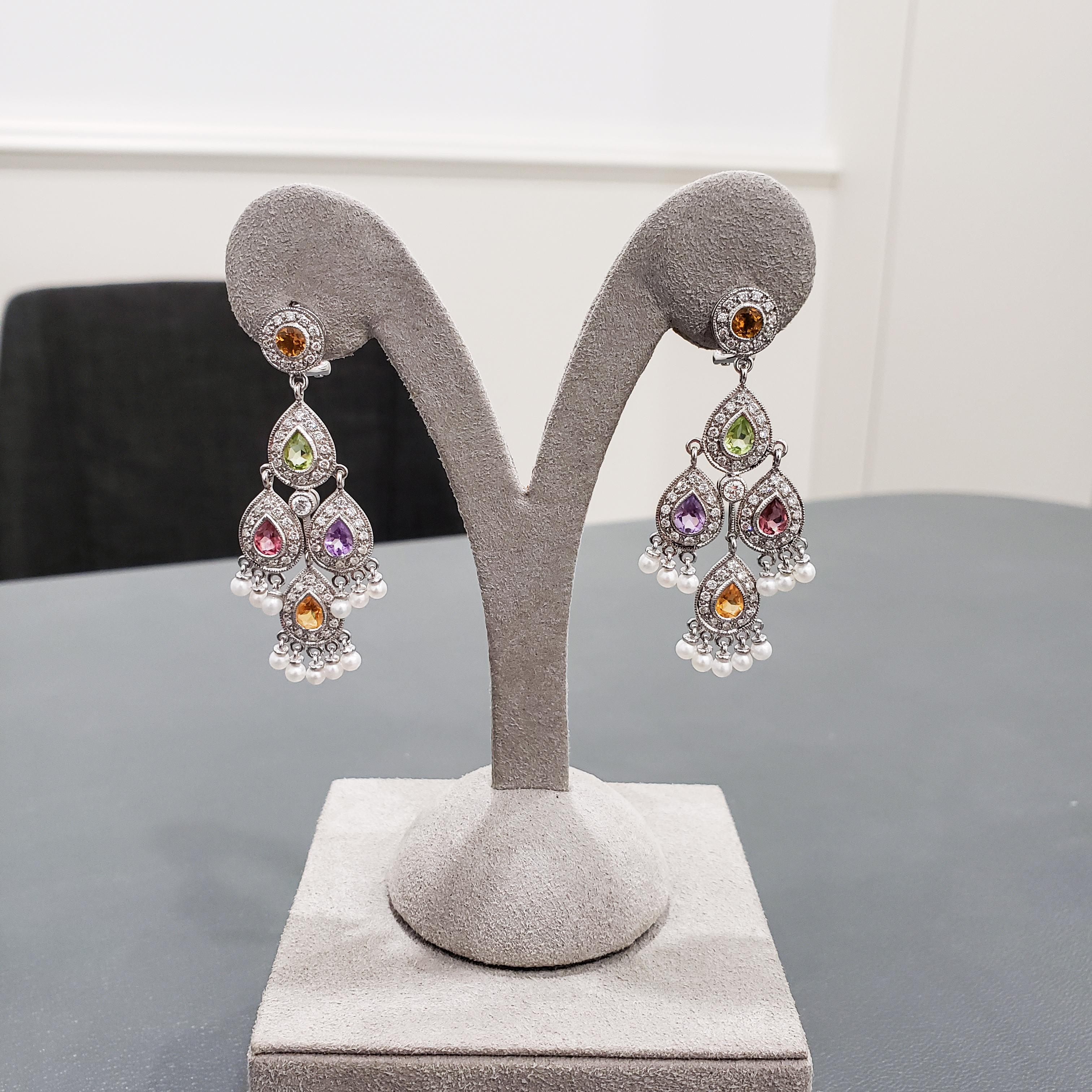 Women's 2.83 Carats Total Multi-Color Sapphire and Round Diamond Chandelier Earrings For Sale