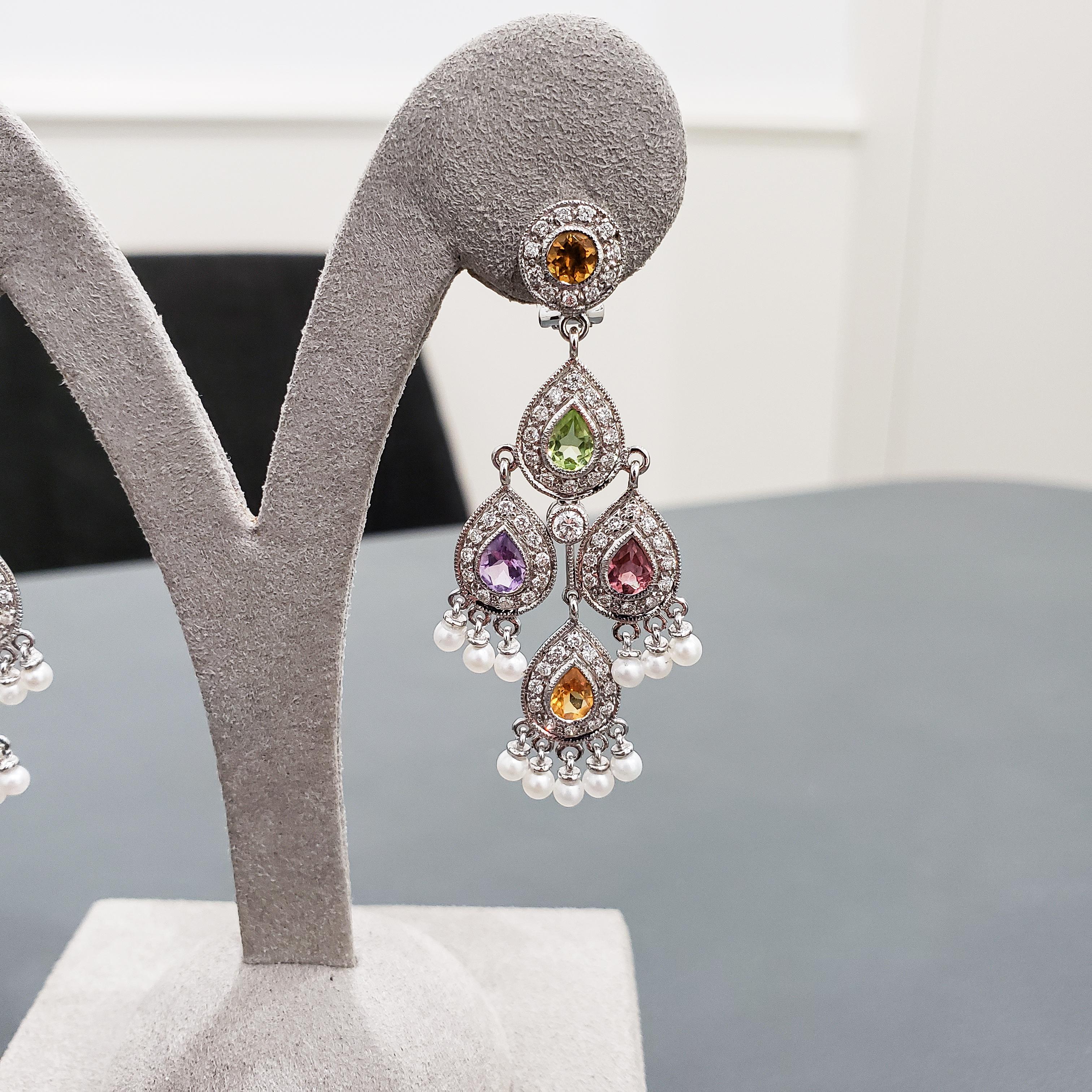 2.83 Carats Total Multi-Color Sapphire and Round Diamond Chandelier Earrings For Sale 1