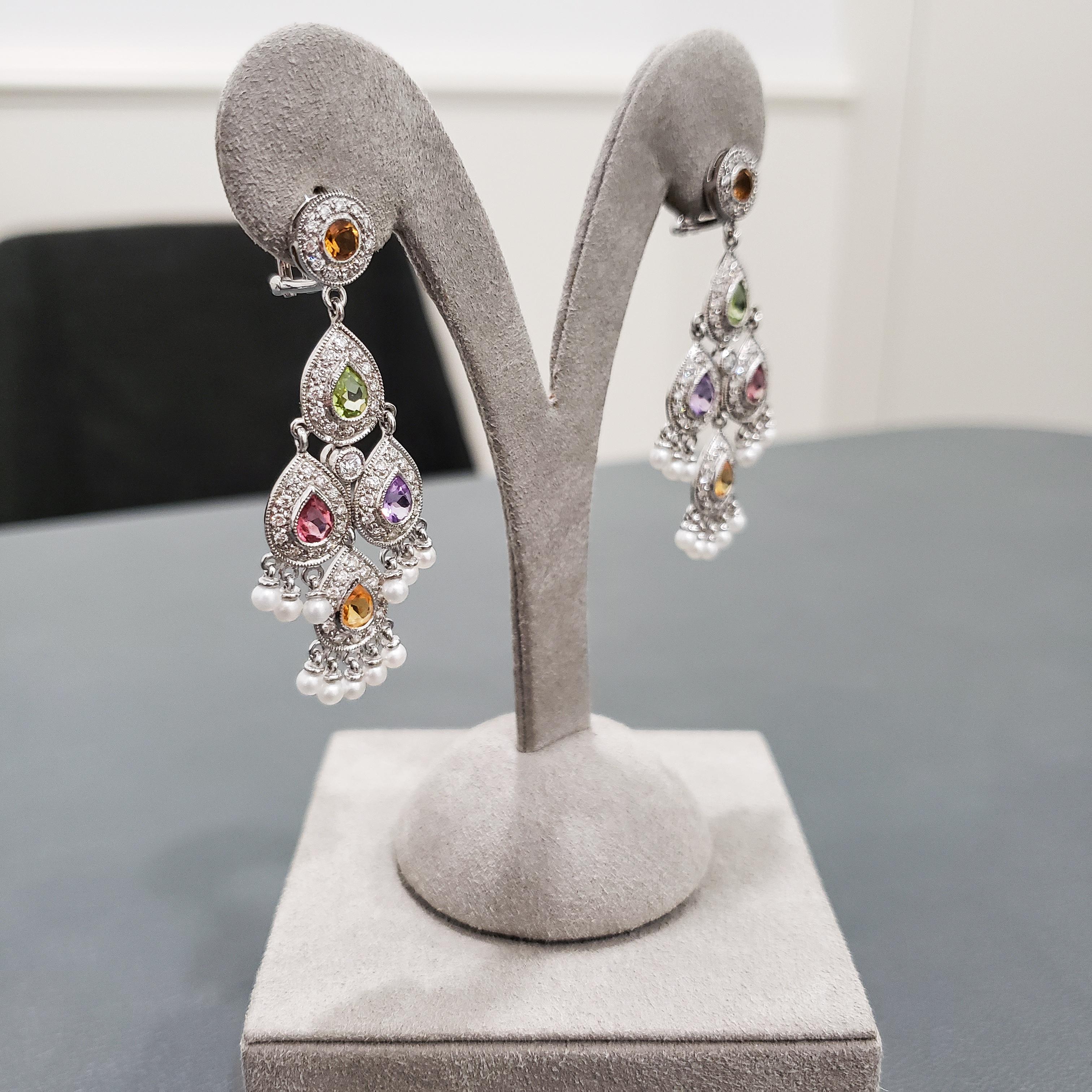2.83 Carats Total Multi-Color Sapphire and Round Diamond Chandelier Earrings For Sale 2
