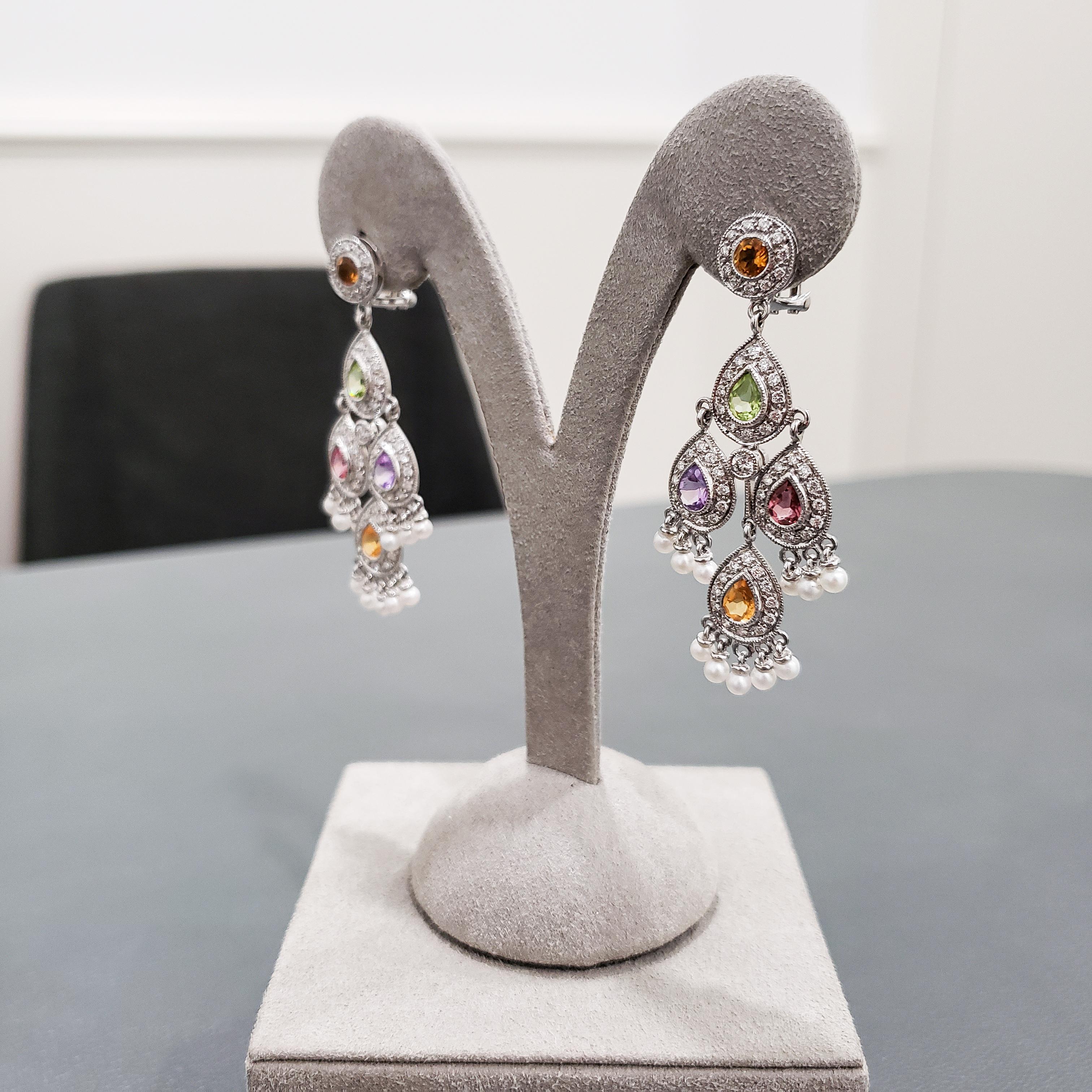 2.83 Carats Total Multi-Color Sapphire and Round Diamond Chandelier Earrings For Sale 3