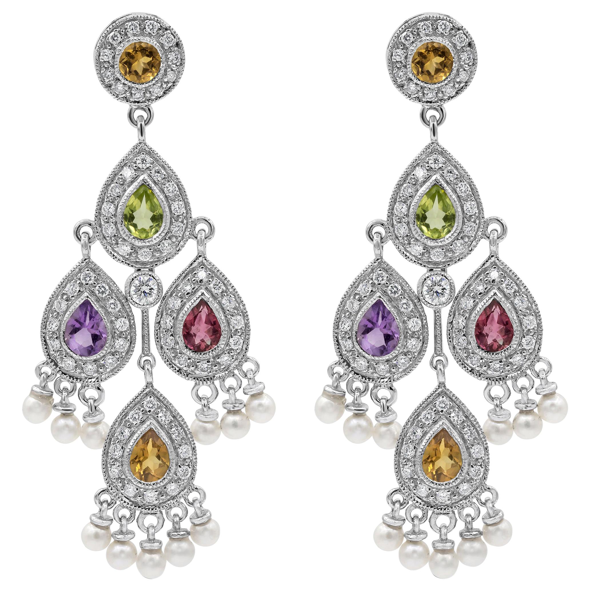 2.83 Carats Total Multi-Color Sapphire and Round Diamond Chandelier Earrings For Sale