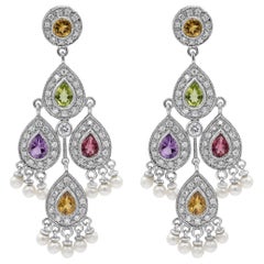 Roman Malakov 2.83 Carat Multi-Color Pear Sapphire & Diamond Chandelier Earrings