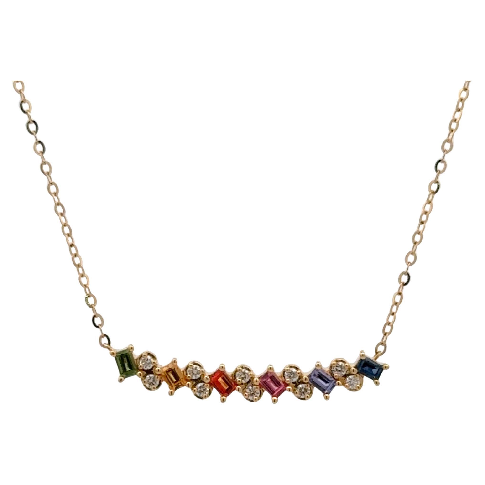 Collar Colgante Barra Zafiro Multi Color Diamante 07.1 CTTW Oro Amarillo 18KT