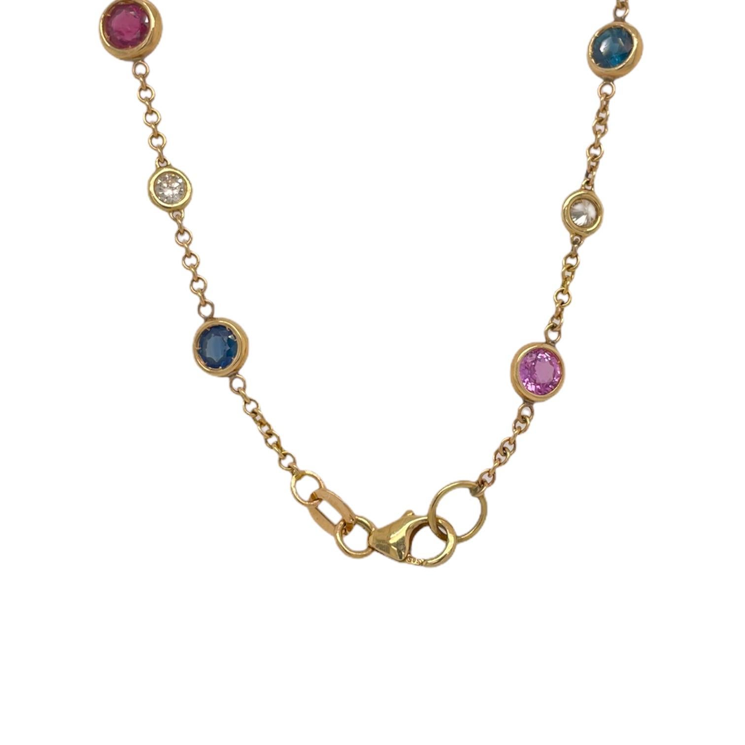 Modern Multi Color Sapphire & Diamond Bezel Necklace in 14K Yellow Gold For Sale