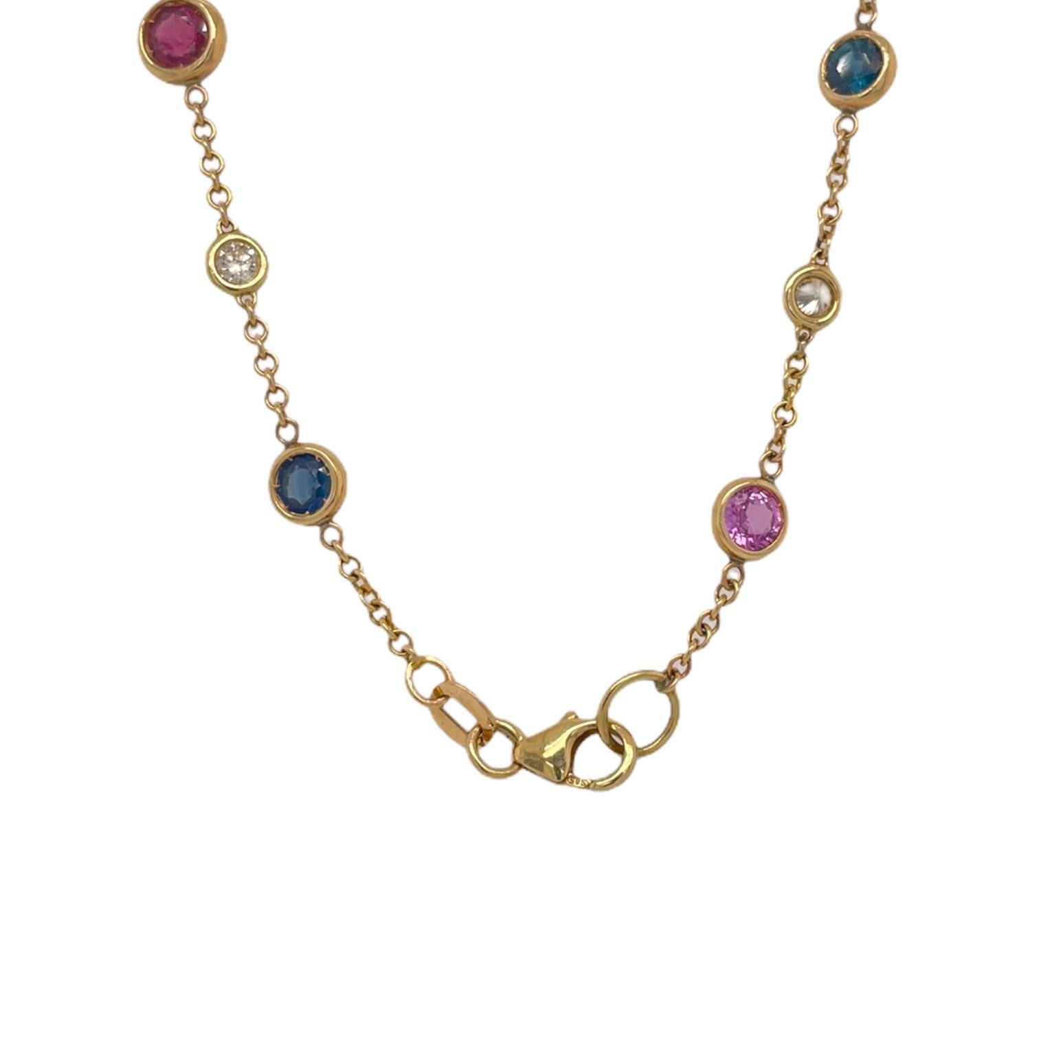 Collier à chaton en or jaune 14 carats avec saphirs multicolores et diamants Neuf - En vente à New York, NY