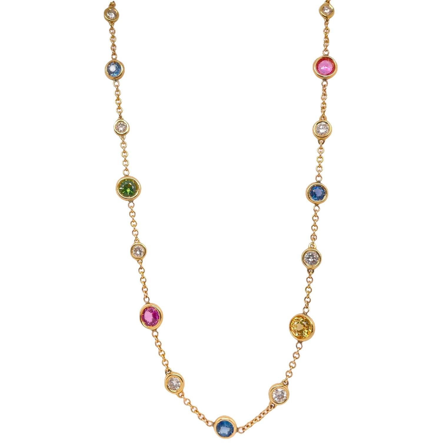 Round Cut Multi Color Sapphire & Diamond Bezel Necklace in 14K Yellow Gold For Sale