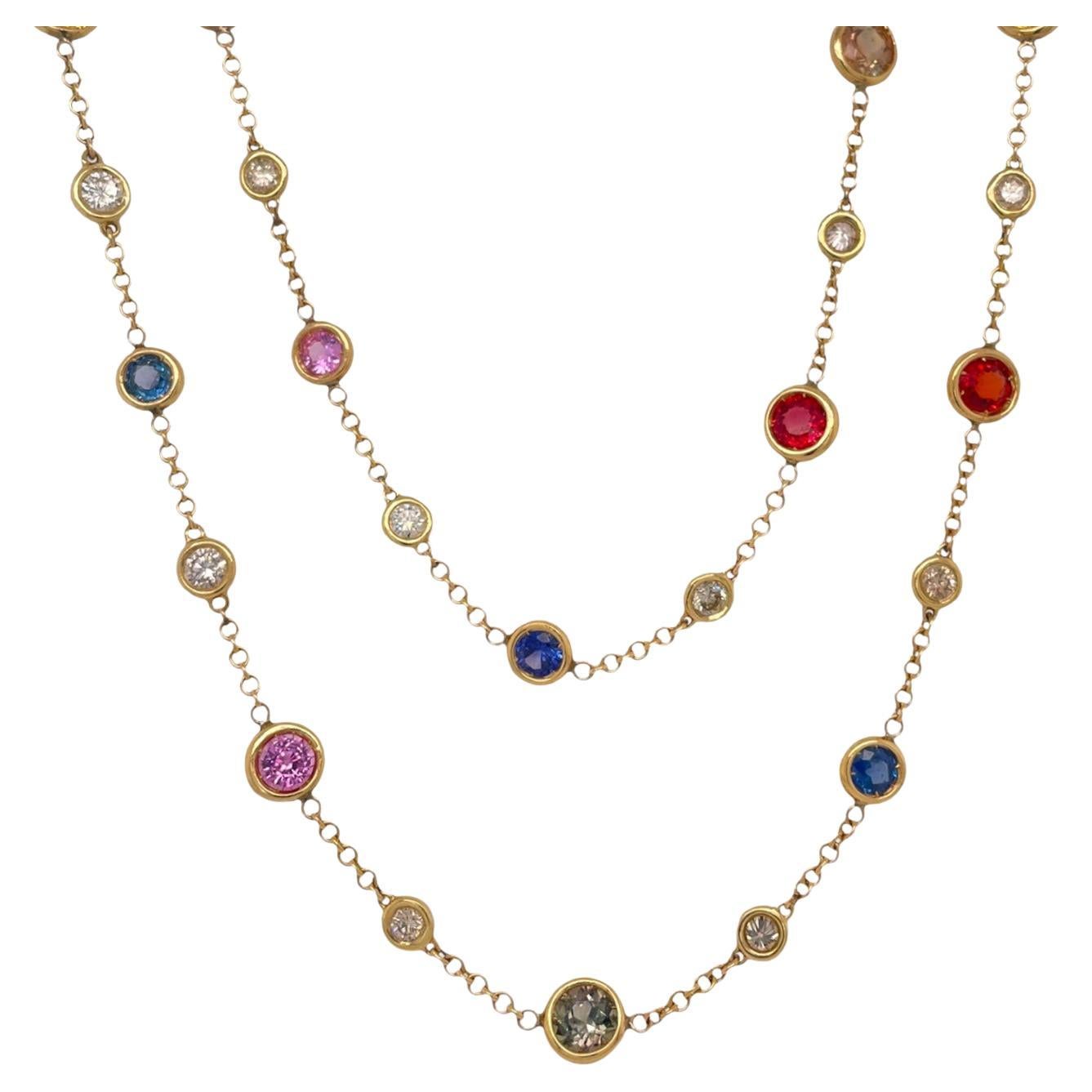 Multi Color Sapphire & Diamond Bezel Necklace in 14K Yellow Gold For Sale
