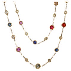 Multi Color Sapphire & Diamond Bezel Necklace in 14K Yellow Gold
