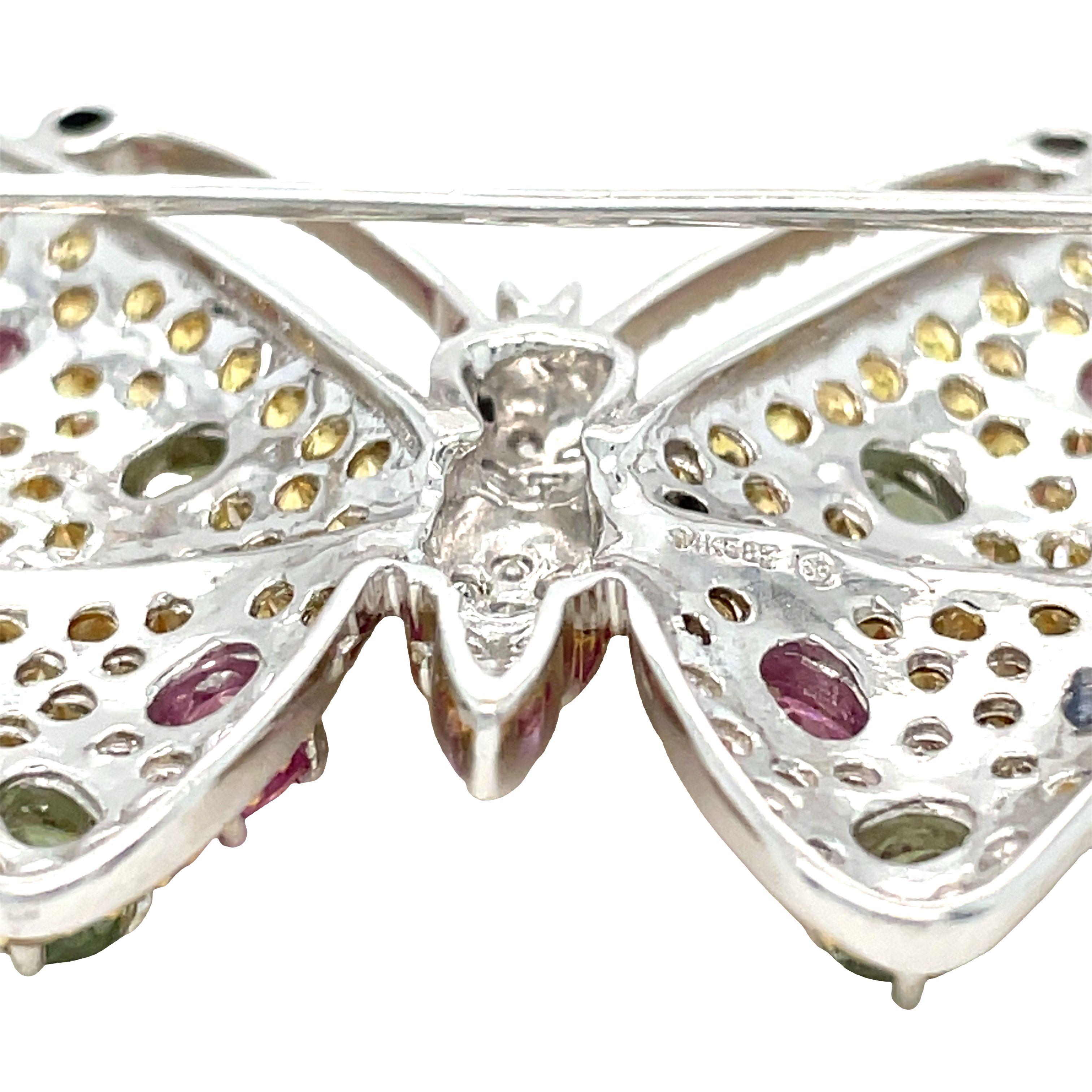 Multi-color Sapphire Diamond Butterfly Brooch Pin in 14K Gold In Excellent Condition For Sale In beverly hills, CA