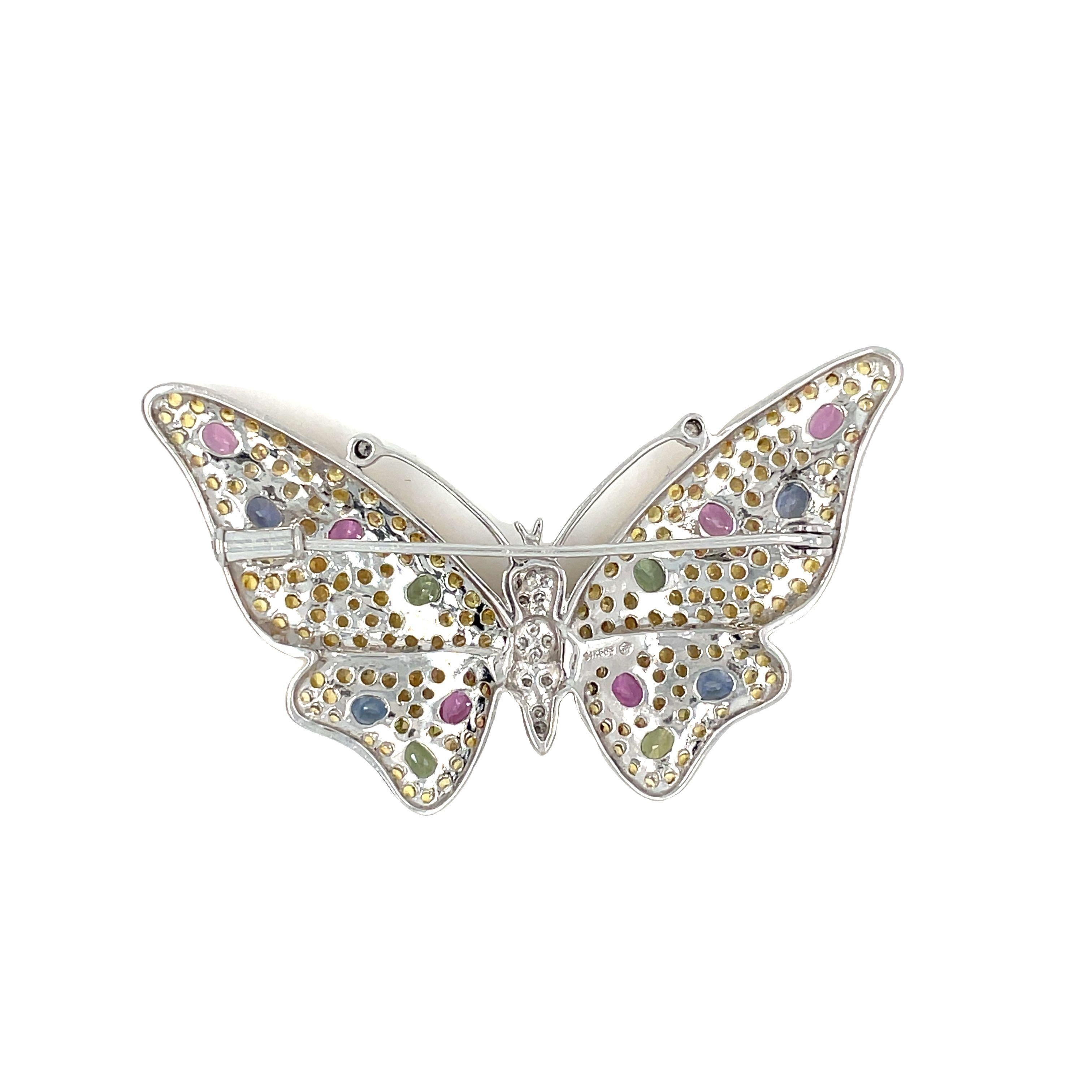 Women's or Men's Multi-color Sapphire Diamond Butterfly Brooch Pin in 14K Gold For Sale