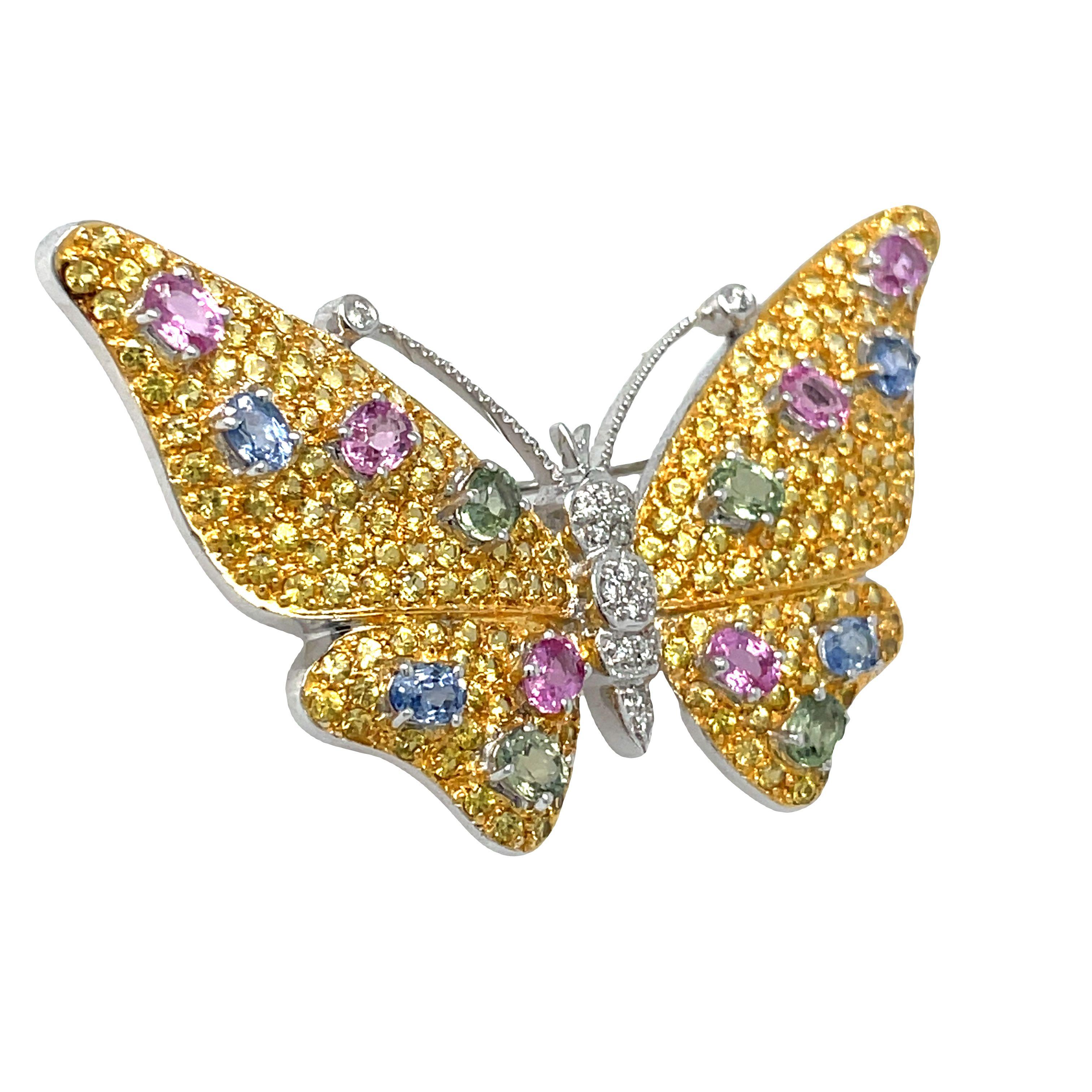 Multi-color Sapphire Diamond Butterfly Brooch Pin in 14K Gold For Sale 1