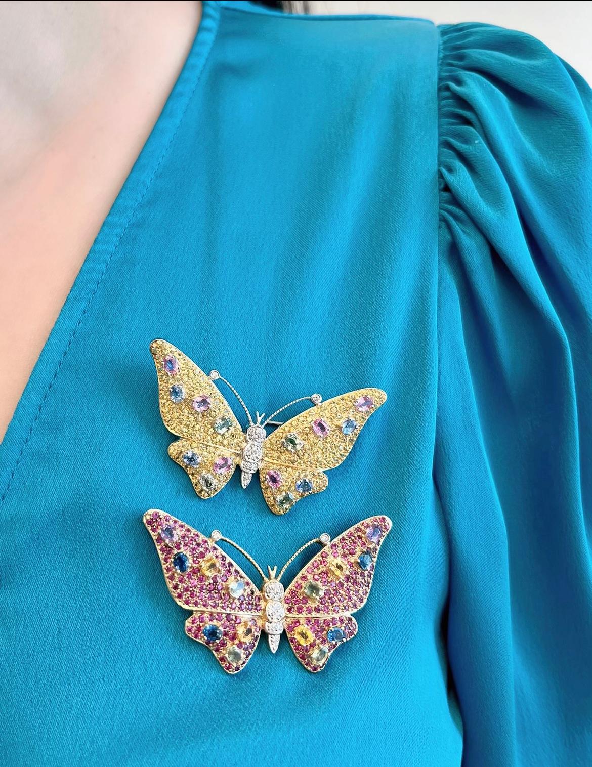 Multi-color Sapphire Diamond Butterfly Brooch Pin in 14K Gold For Sale 2