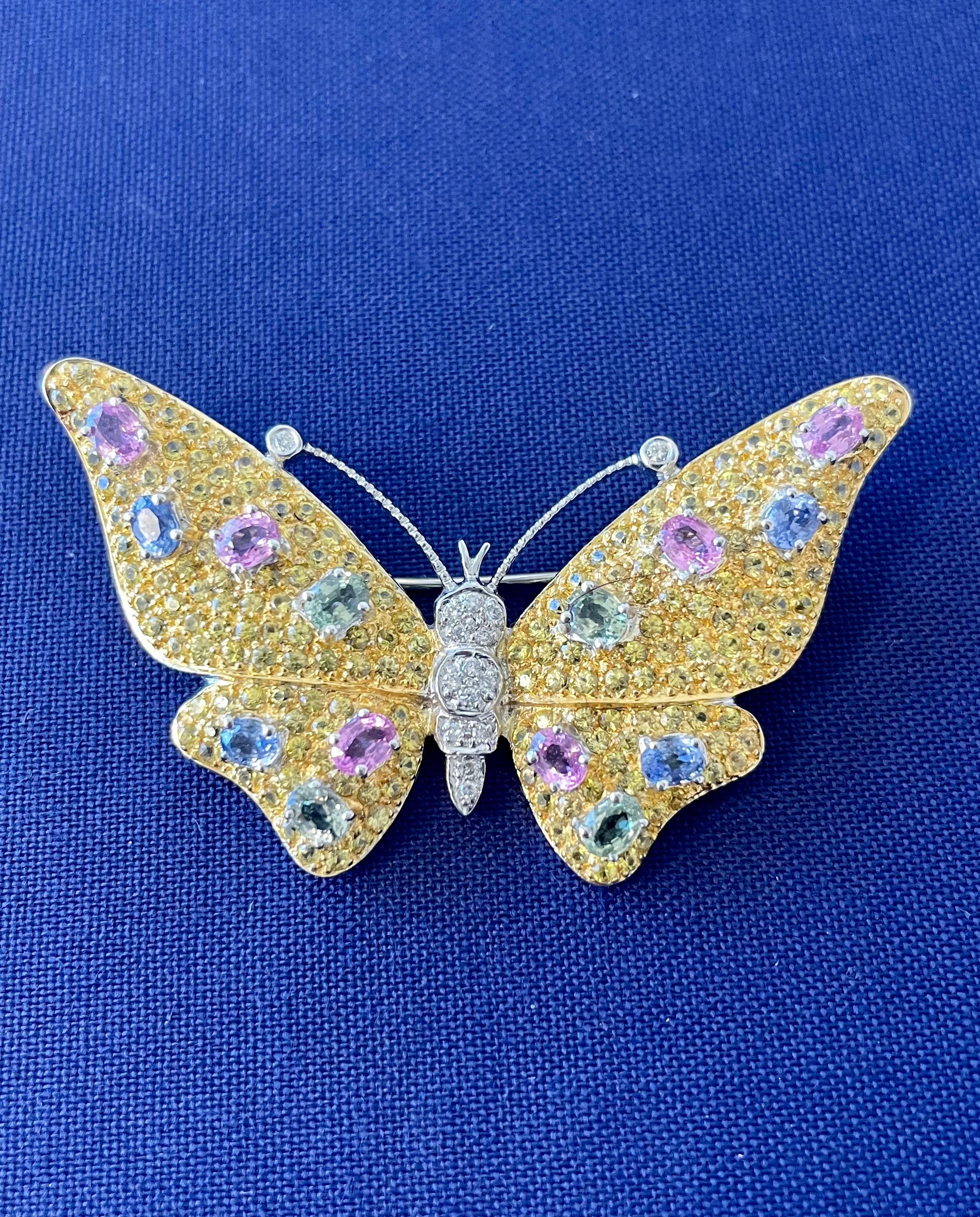 Multi-color Sapphire Diamond Butterfly Brooch Pin in 14K Gold For Sale 3