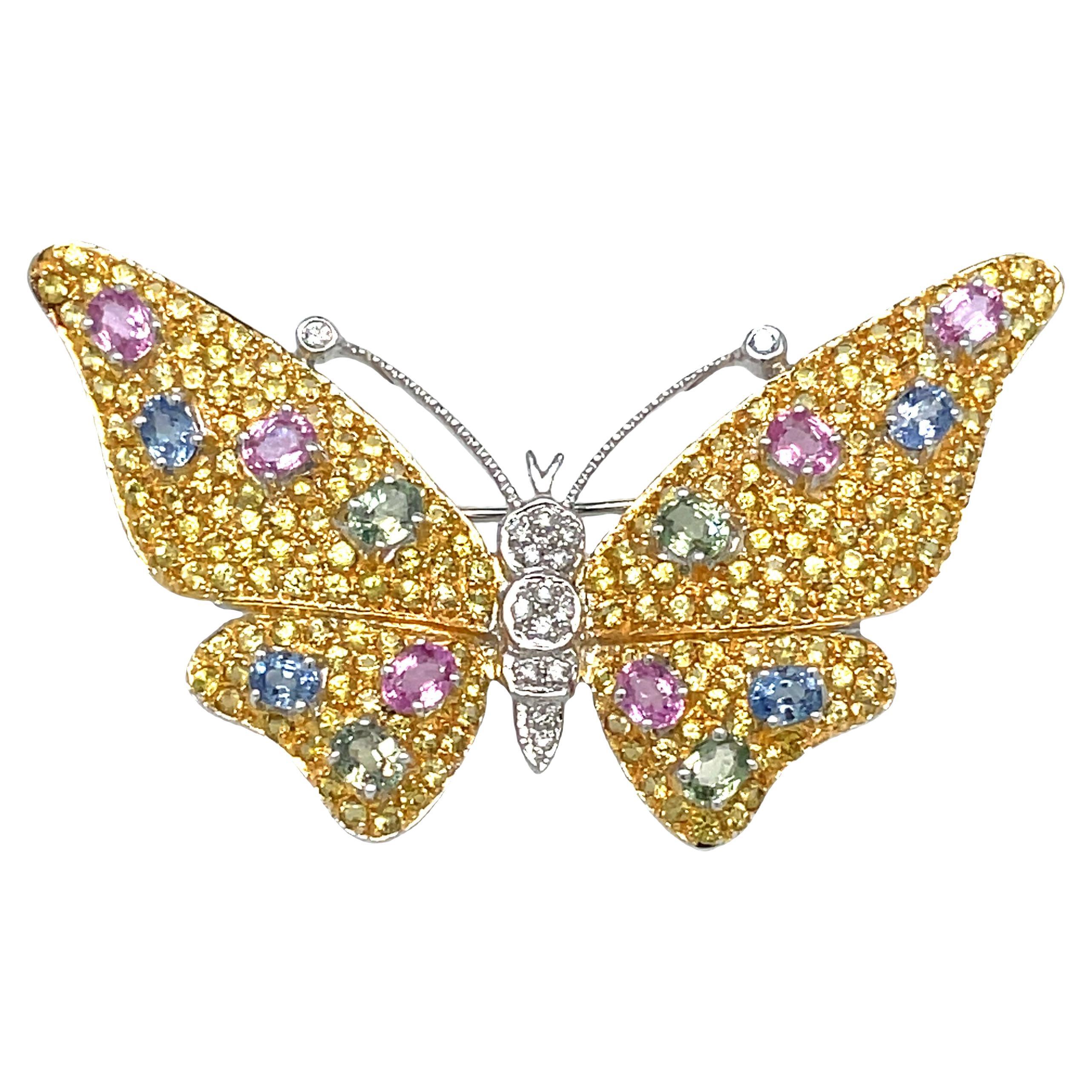Multi-color Sapphire Diamond Butterfly Brooch Pin in 14K Gold For Sale