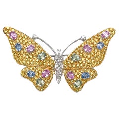 Alfiler Broche Mariposa Zafiro Diamante Multicolor en Oro de 14K