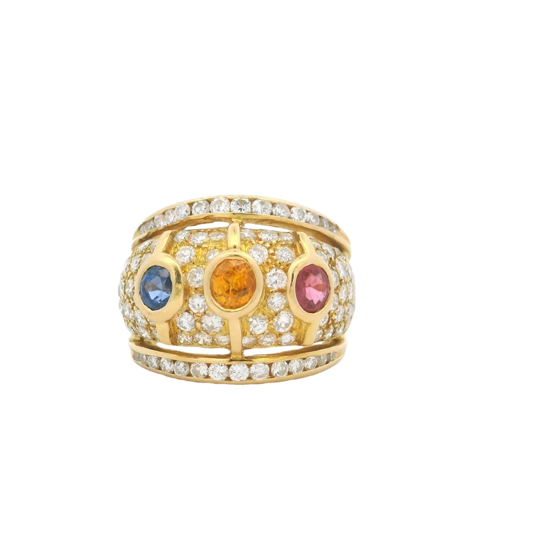 Rétro Bague de cocktail en or jaune 18 carats, saphir multicolore et diamant, vers les années 1980 en vente