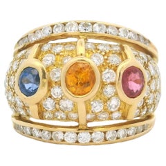 Anello da cocktail con zaffiro multicolore e diamanti in oro giallo 18 carati, circa anni '80