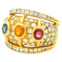 Cocktailring mit mehrfarbigem Saphir und Diamant aus 18 Karat Gelbgold, CIRCA 1980er Jahre