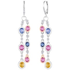 Ceylon Pink Blue and Yellow Sapphire Diamond Hoop Gold Earrings