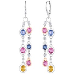 Ceylon Pink Blue and Yellow Sapphire Diamond Hoop Gold Earrings 