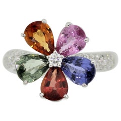 Multi-Color Sapphire Diamond Gold Flower Ring