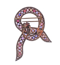 Multi Color Sapphire Diamond Gold Ribbon Brooch Pin